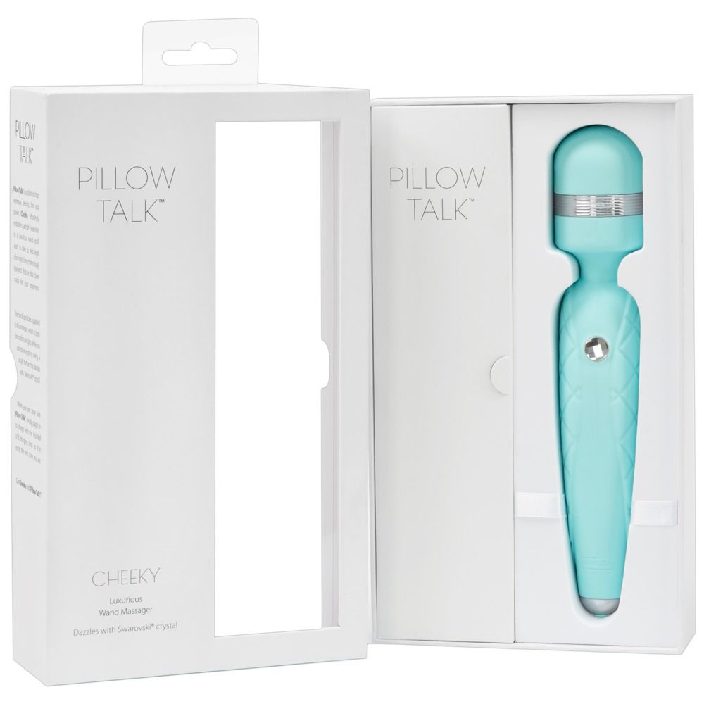 Türkiser Vibrationsstab 'Cheeky' in geöffneter PILLOW TALK Verpackung.