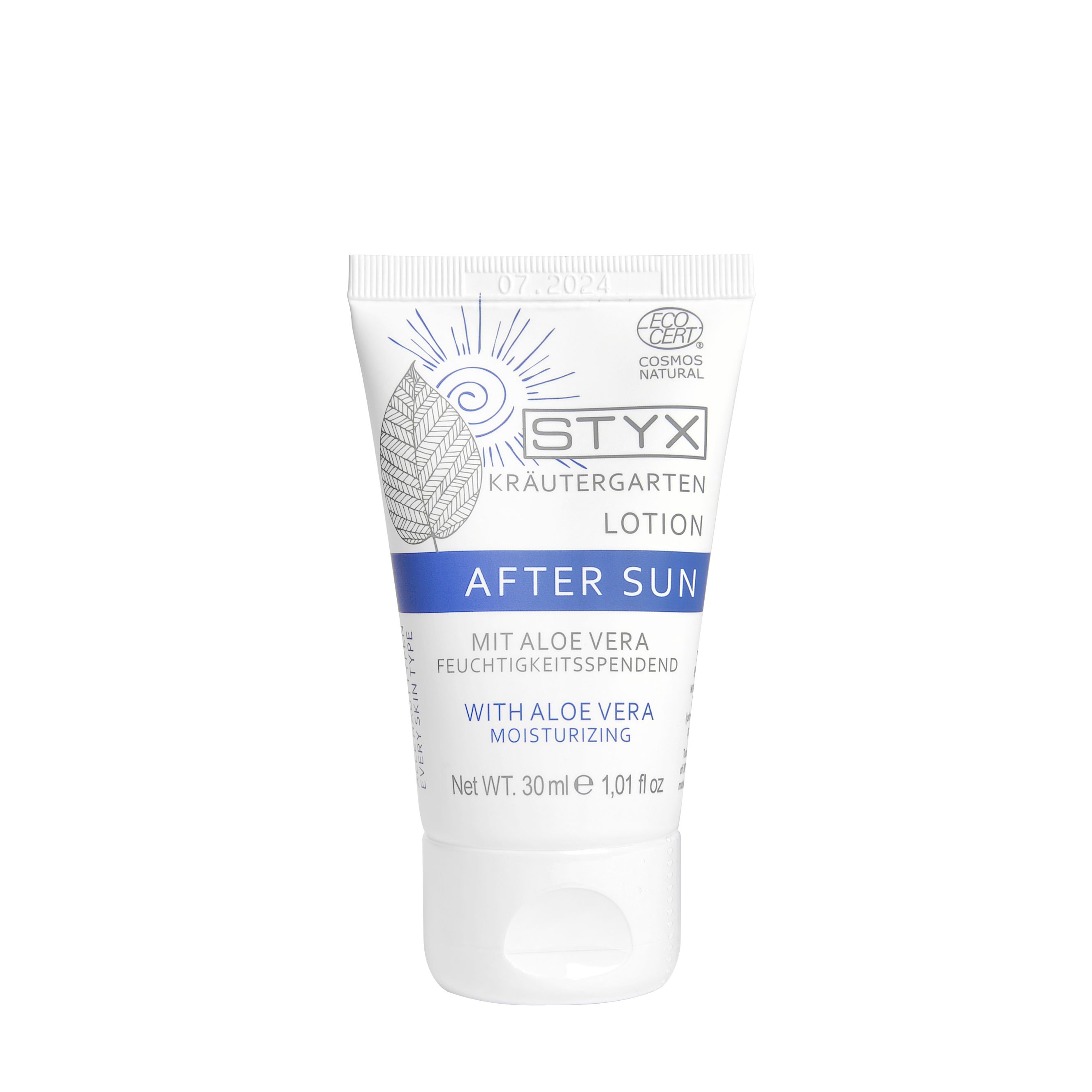 Weiße Tube mit blauer Schrift. "STYX" und "AFTER SUN" deutlich sichtbar. Enthält Aloe Vera. Cosmos Natural Zertifizierung.