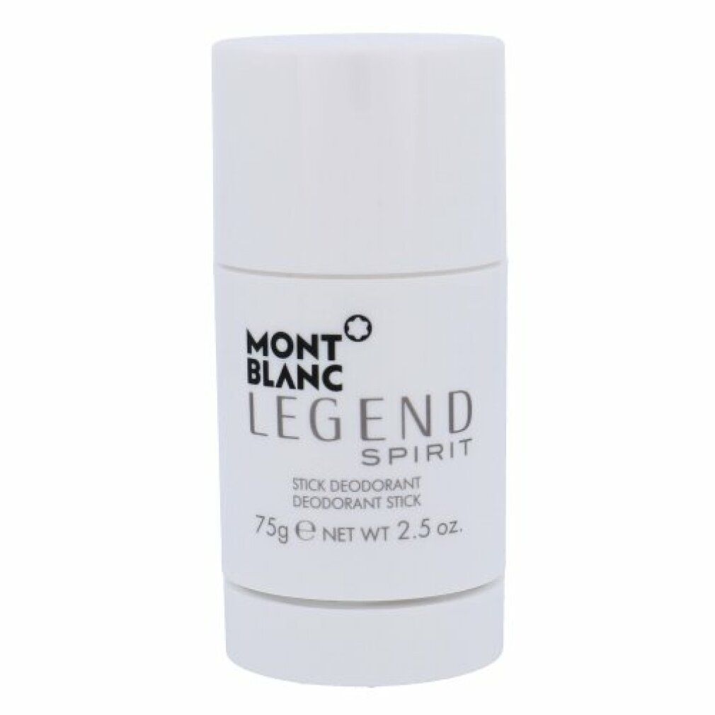 Weißer Deo-Stick. Aufschrift: MONTBLANC LEGEND SPIRIT, STICK DEODORANT, 75g NET WT 2.5 oz.