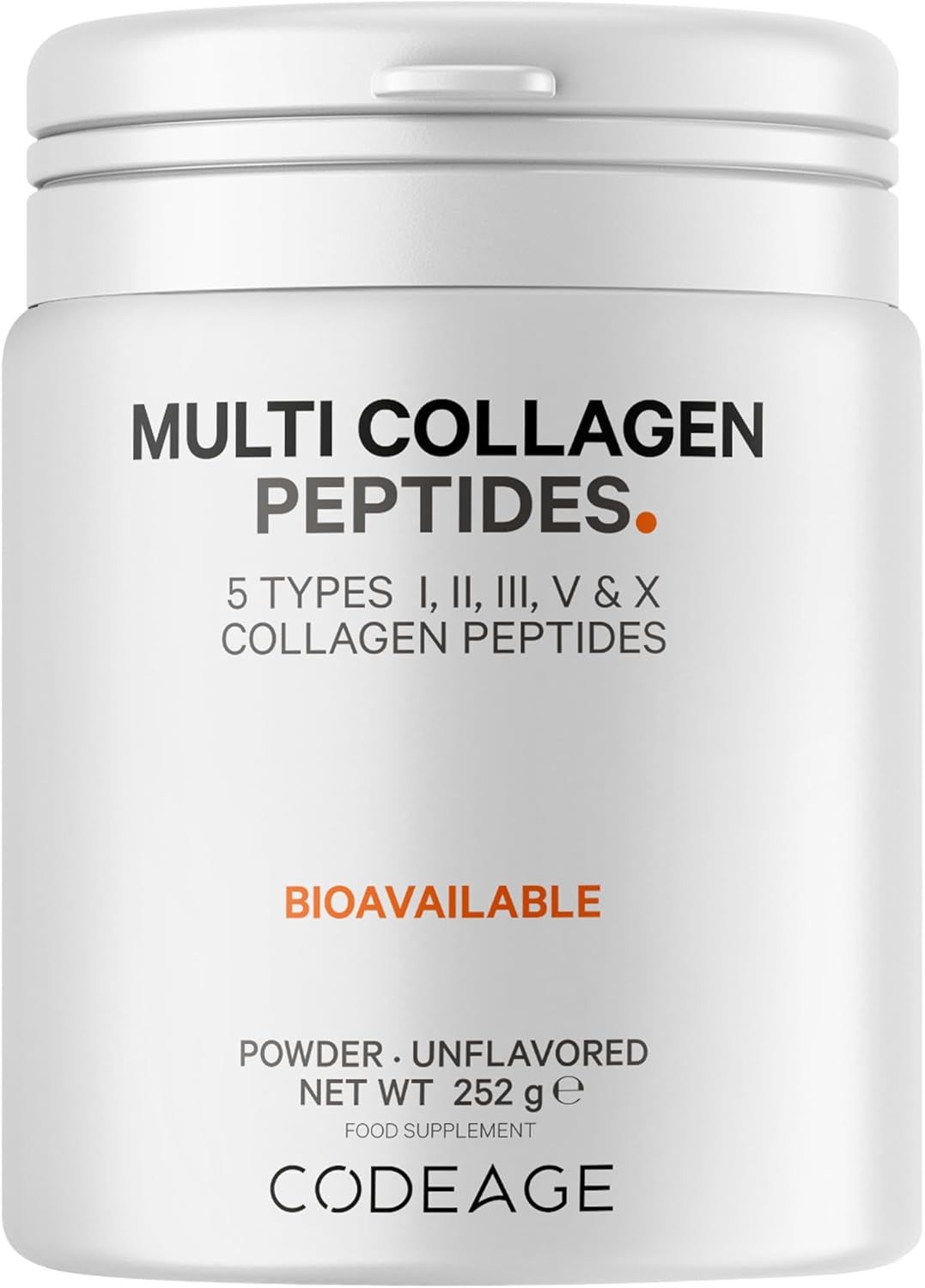 Weißer Behälter mit Aufschrift 'MULTI COLLAGEN PEPTIDES'. Enthält 5 Kollagentypen. Marke: CODEAGE. Netto-Gewicht: 252 g.