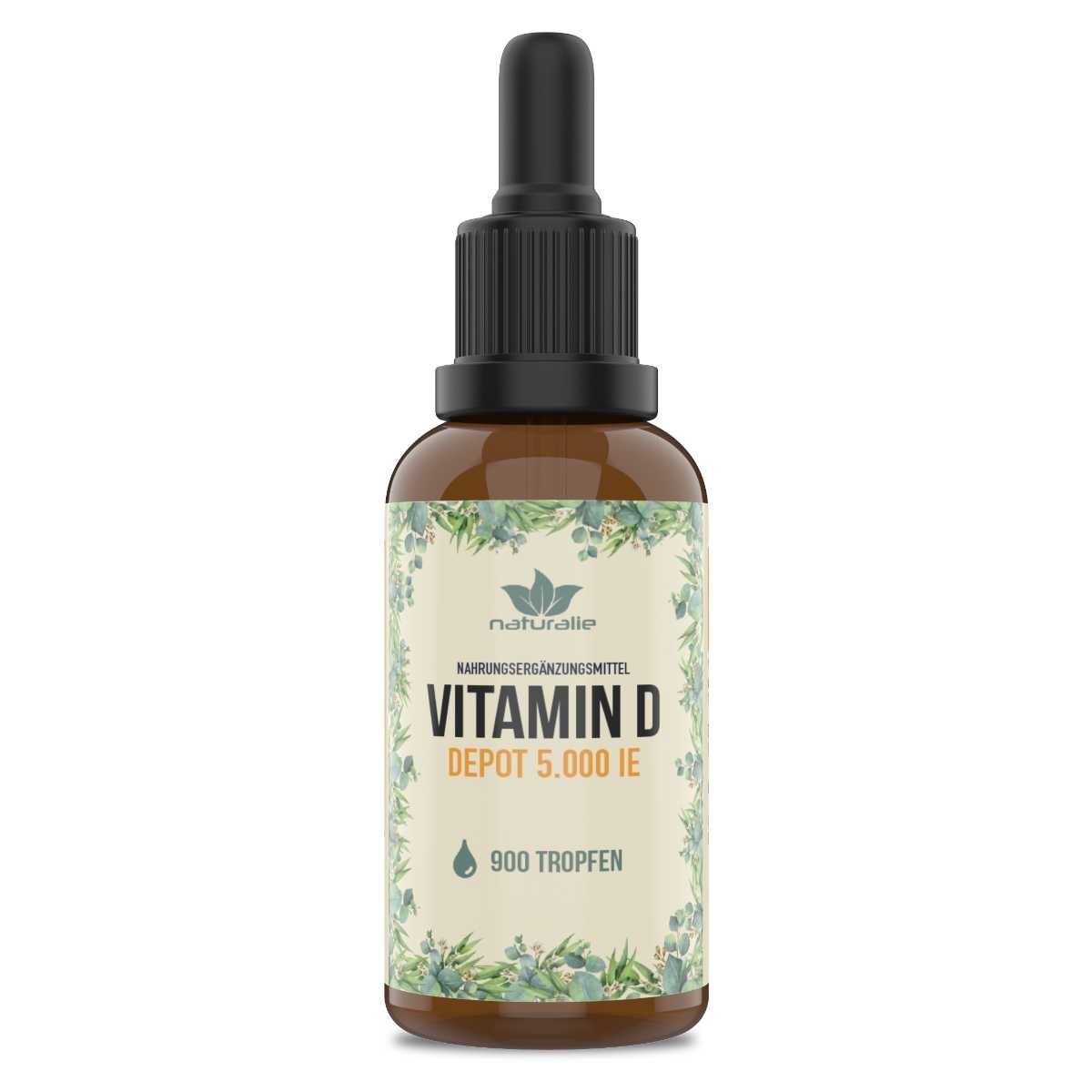 Braune Glasflasche mit Pipettenverschluss, Etikett zeigt 'Vitamin D Depot 5.000 IE'.