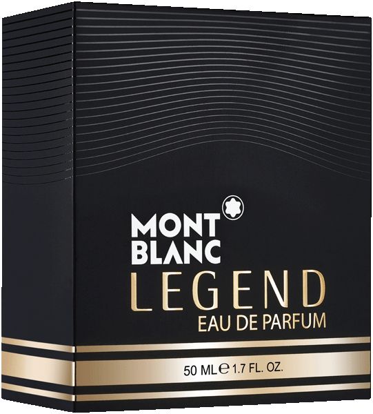 Schwarze Schachtel von Montblanc Legend Eau de Parfum. Der Markenname und der Produktname sind deutlich sichtbar.