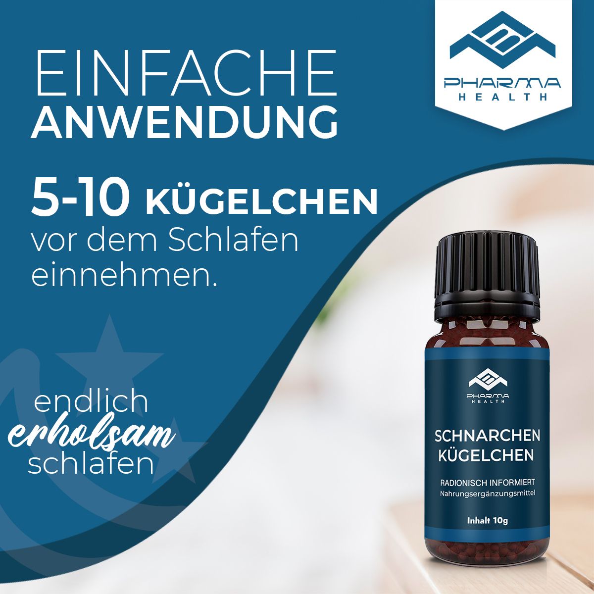 Produktflasche mit Text: SCHNARCHEN KÜGELCHEN. Text: Einfache Anwendung: 5-10 Kügelchen vor dem Schlafengehen. Marke: Pharma Health.