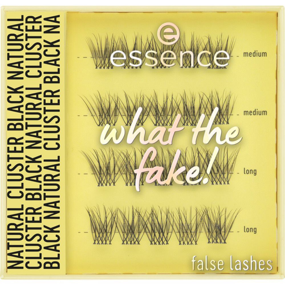 Verpackung mit Wimpern. Text: Essence, What The Fake!, Natural Cluster Black.