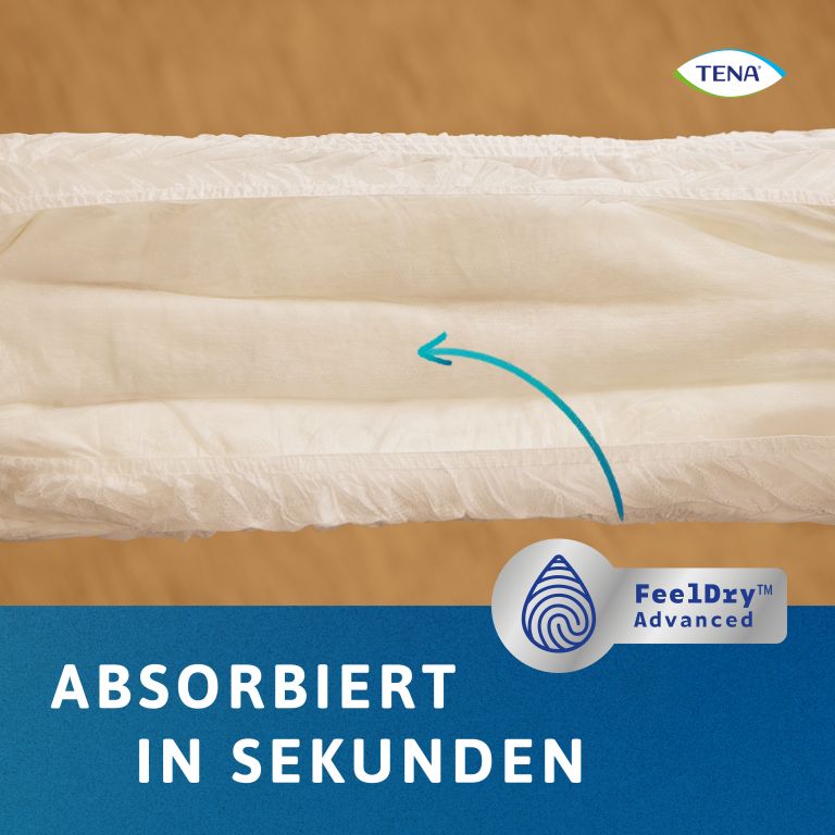 Querschnitt durch weiße TENA Pants. Text: Absorbiert in Sekunden. FeelDry Advanced Logo.