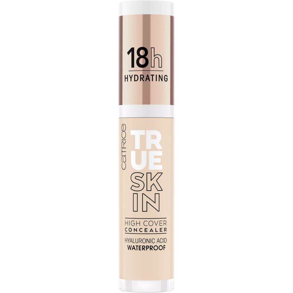 Catrice True Skin Concealer-Fläschchen. Text: True Skin, High Cover, Hyaluronsäure, Waterproof, 18h Hydrating.