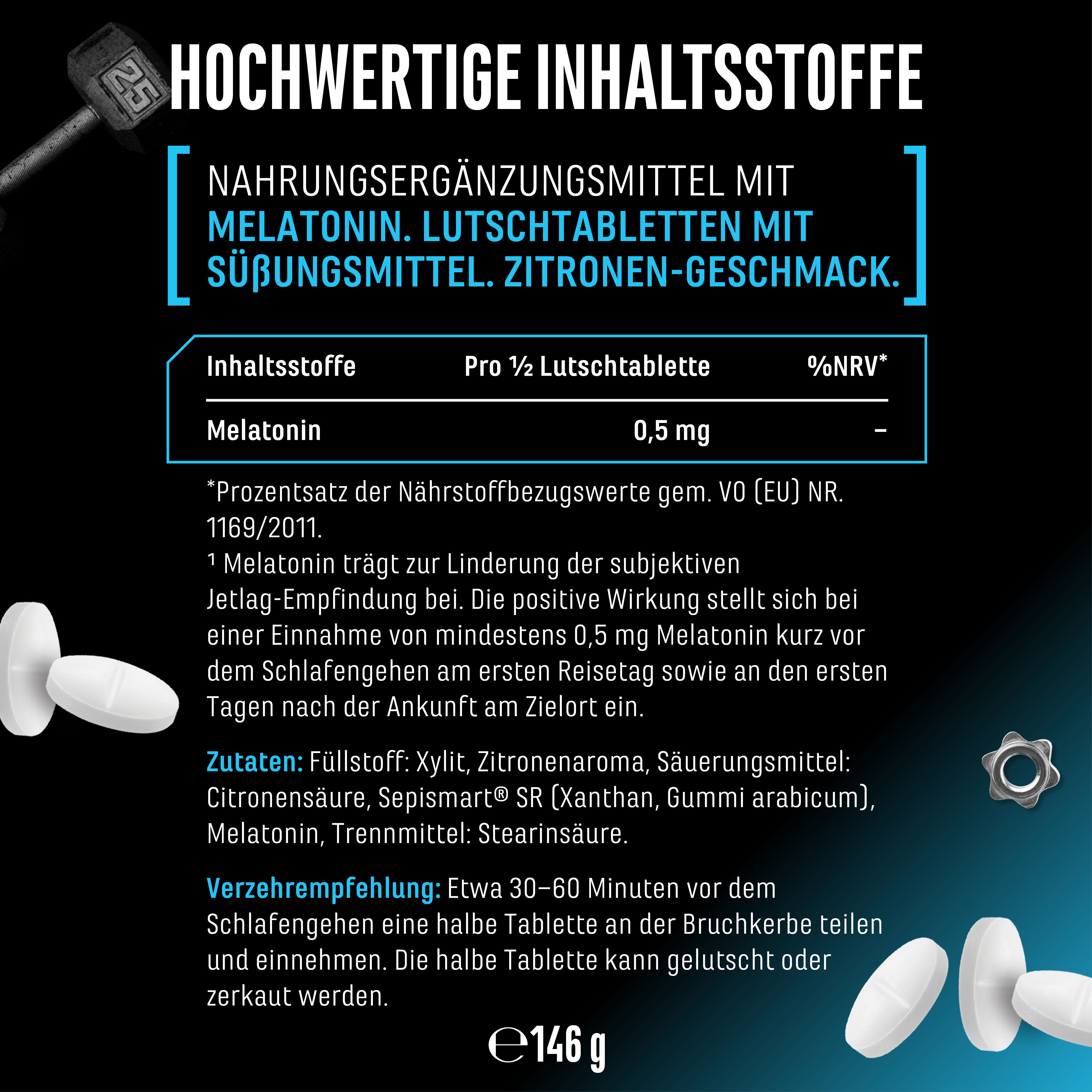 Informationen zu Inhaltsstoffen von Melatonin-Tabletten. Enthält Melatonin, Xylit, Zitronensäure, Sepismart SR, Stearinsäure. Empfohlene Dosierung.