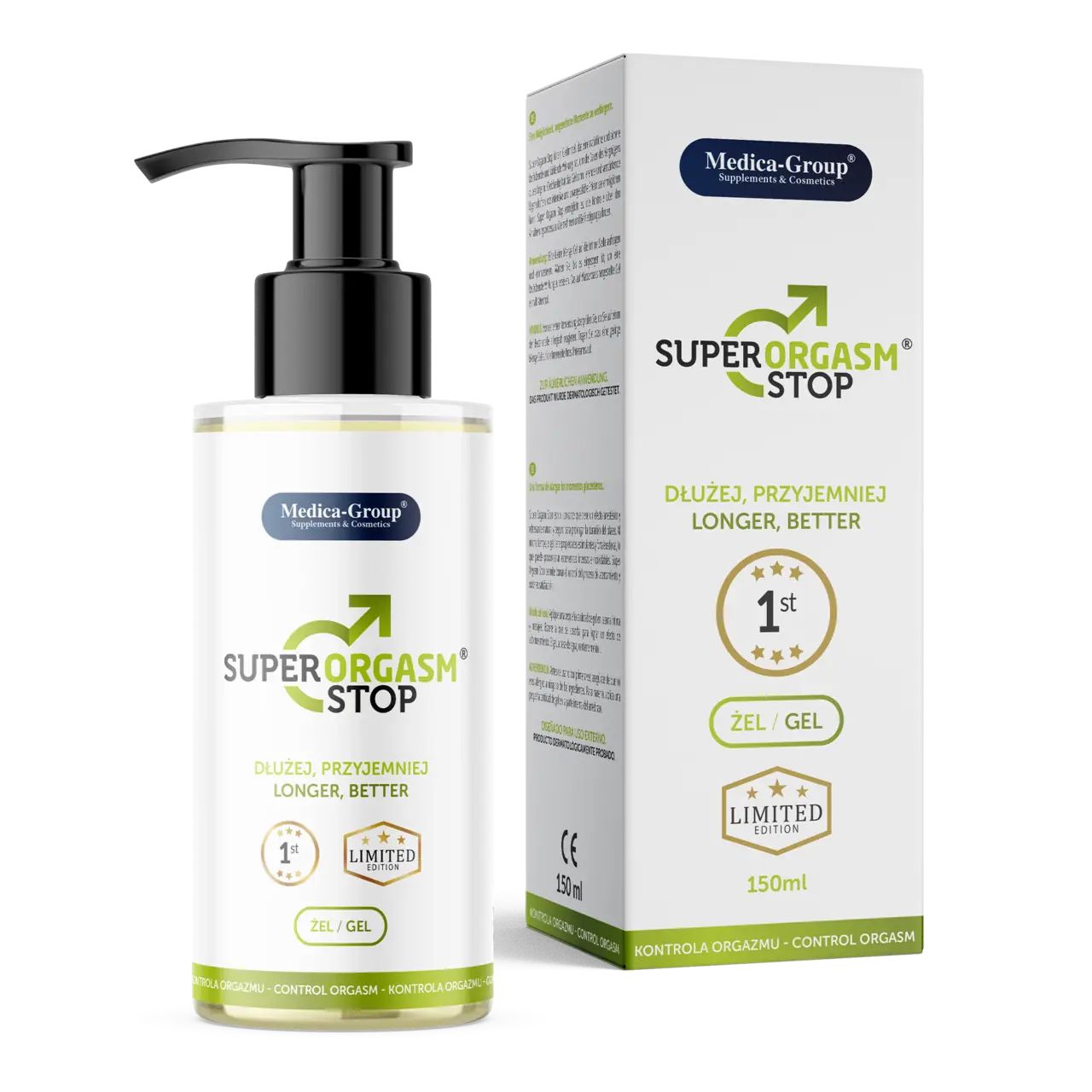 Flasche und Verpackung. Flasche: transparent, schwarzer Pumpkopf. Verpackung: weiß, Aufschrift: Super Orgasm Stop, 1st, Limited Edition.