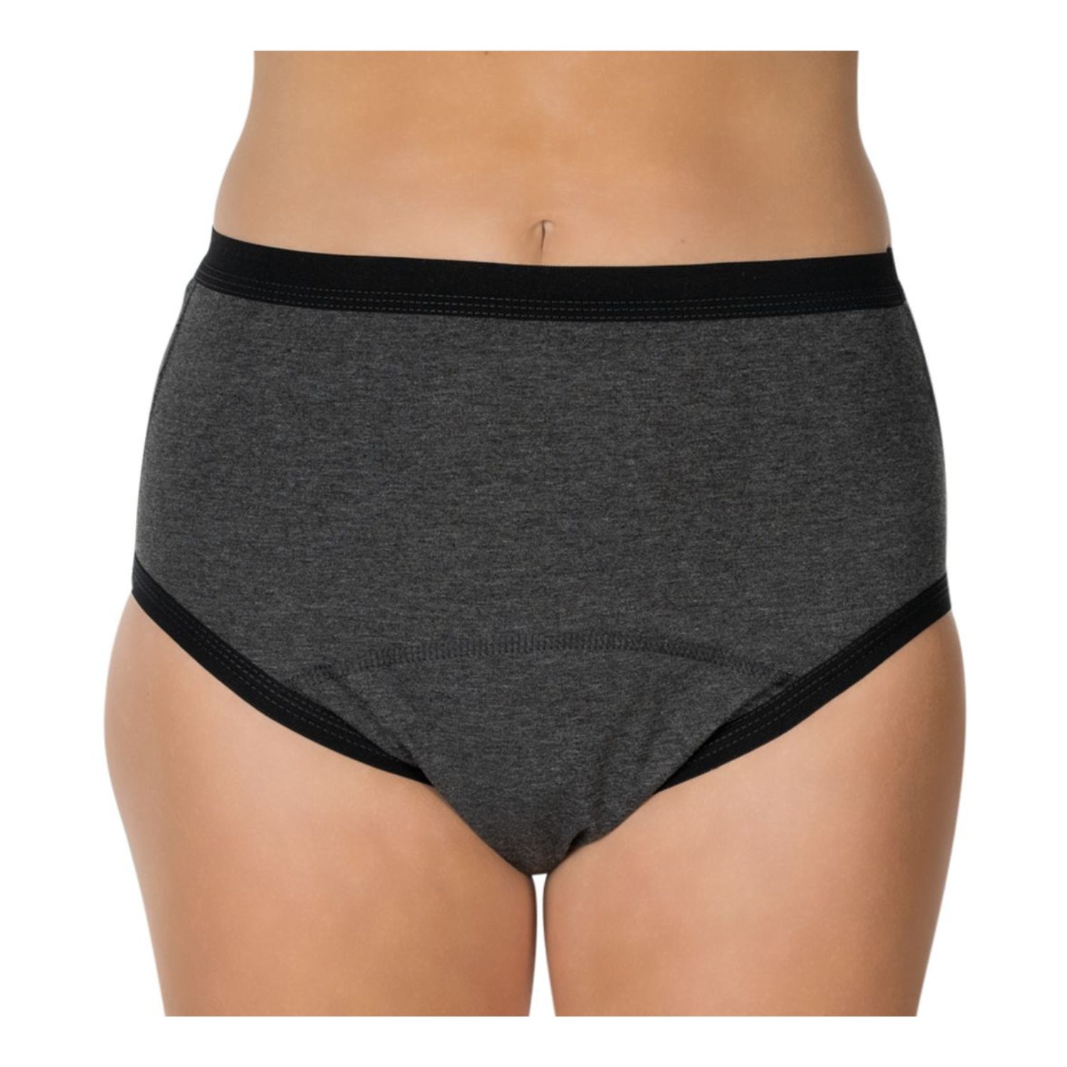 Graue Inkontinenz-Slip mit schwarzem Bund und Beinabschlüssen. Mittlere Blasenschwäche.