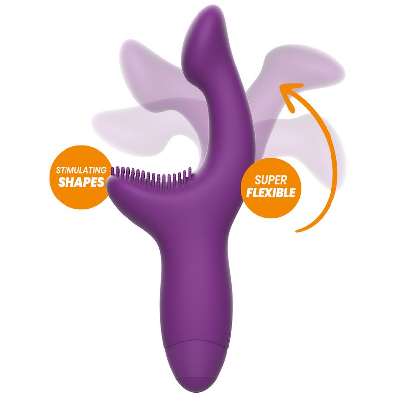 Lila Vibrator mit flexibler Form. Mit "Stimulating Shapes" und "Super Flexible" beschriftet. Pfeil zeigt die Flexibilität.
