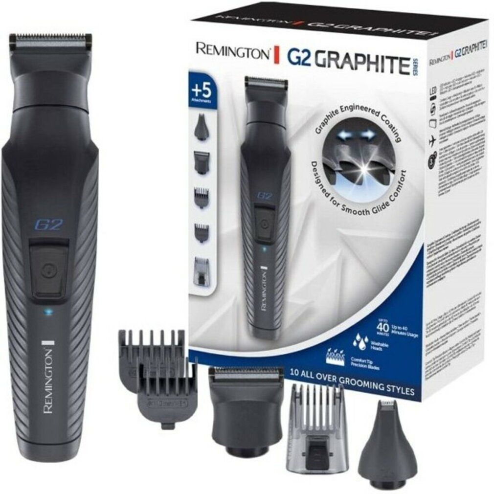 Remington G2 Graphite Trimmer mit Zubehör und Verpackung. Enthält Aufsätze und eine Box mit Produktinformationen.