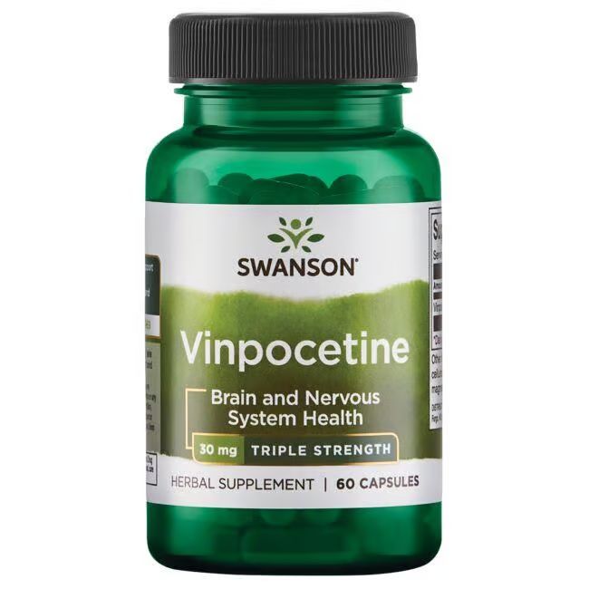 Grüne Flasche mit SWANSON Vinpocetin 30 mg Kapseln. Aufschrift: Brain and Nervous System Health, 60 Kapseln.