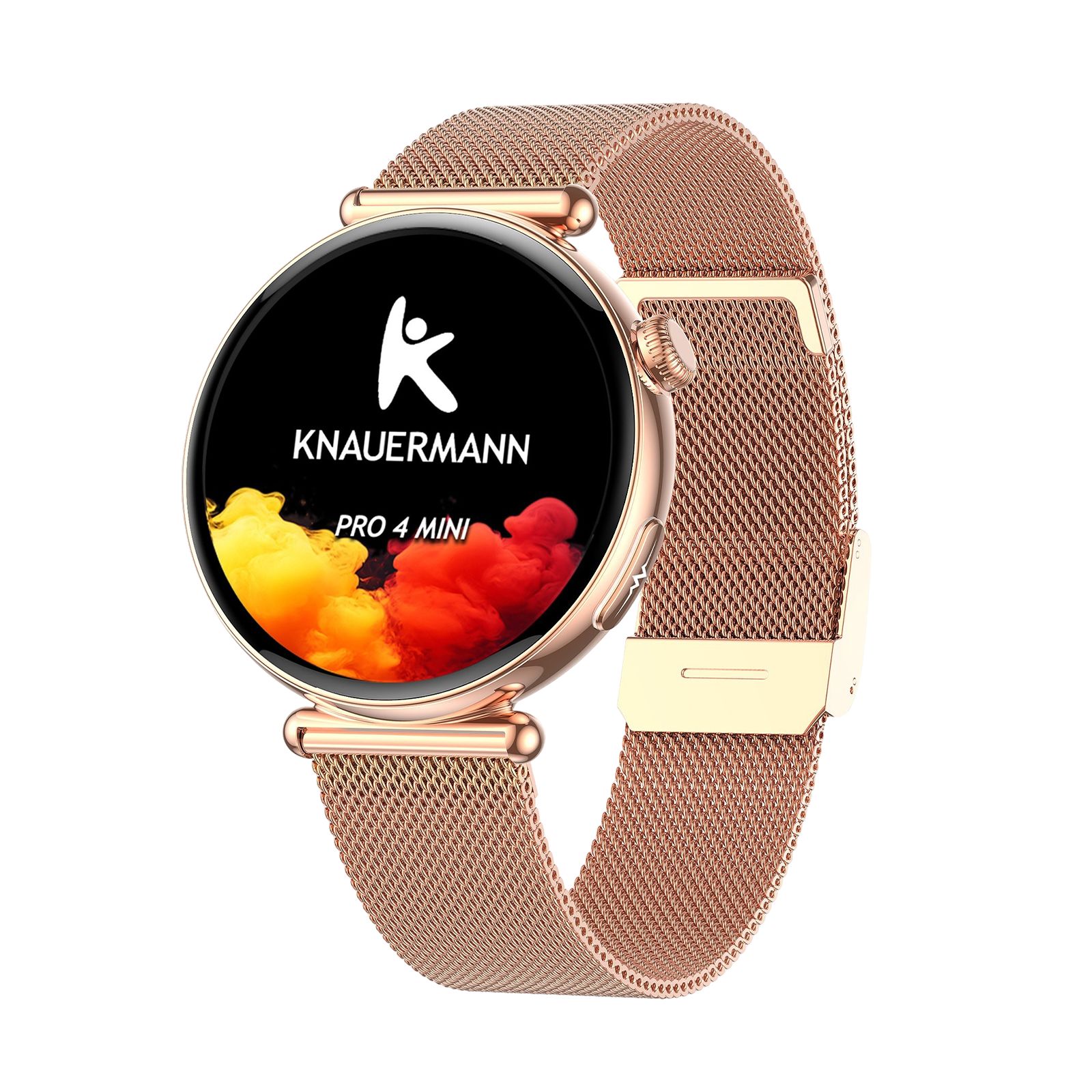 Smartwatch in Roségold mit rundem Zifferblatt. Logo und Schriftzug KNAUERMANN PRO 4 MINI auf dem Display. Milanaise-Armband.