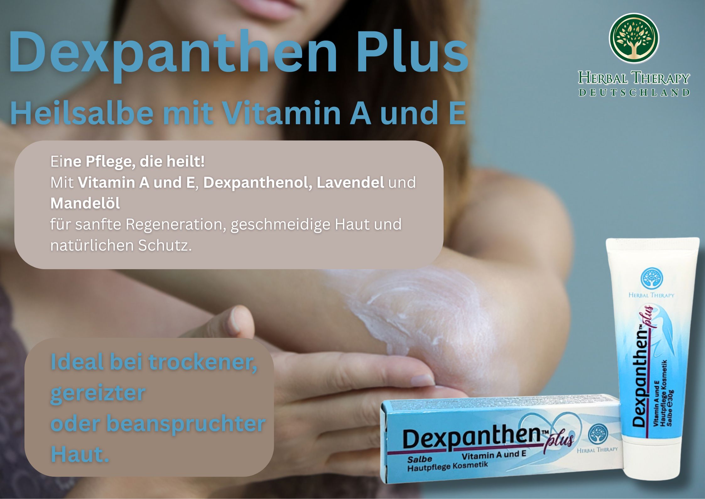 Frau trägt Salbe auf Arm auf. Herbal Therapy Dexpanthen Plus, Salbe mit Vitamin A und E, in Tube und Schachtel.