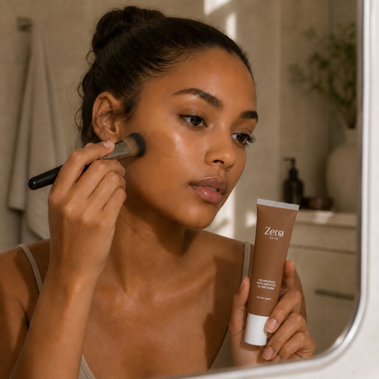 Frau trägt Foundation mit Pinsel auf, hält eine Tube Foundation.