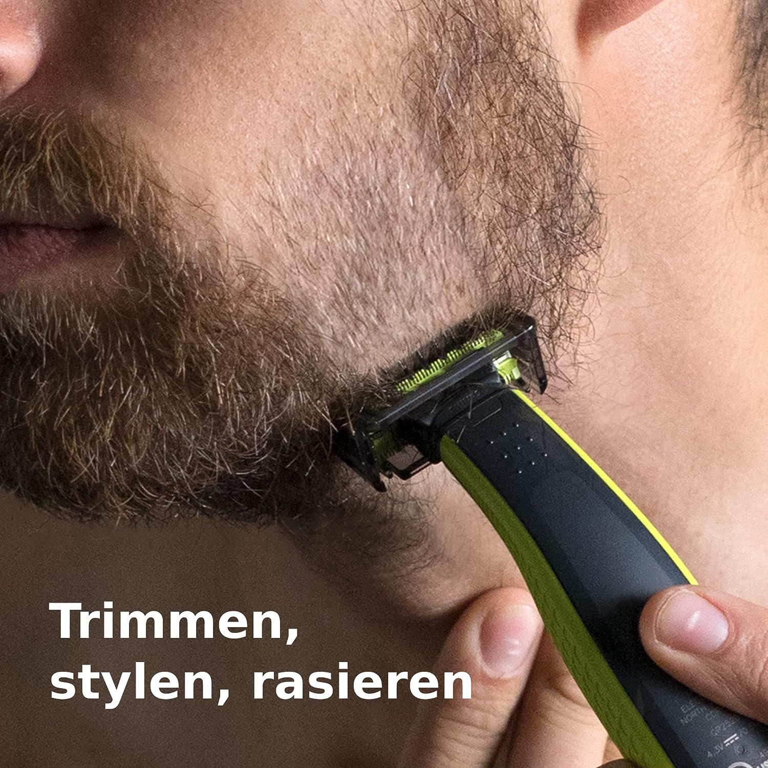 Nahaufnahme eines Mannes, der sich mit einem OneBlade rasiert. Text: Trimmen, stylen, rasieren.