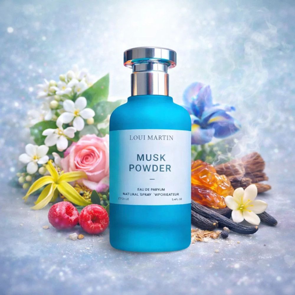 Türkisgrüner Flakon mit silbernem Verschluss, umgeben von Blumen und Früchten. Auf dem Etikett: "Loui Martin Musk Powdery Eau de Parfum".