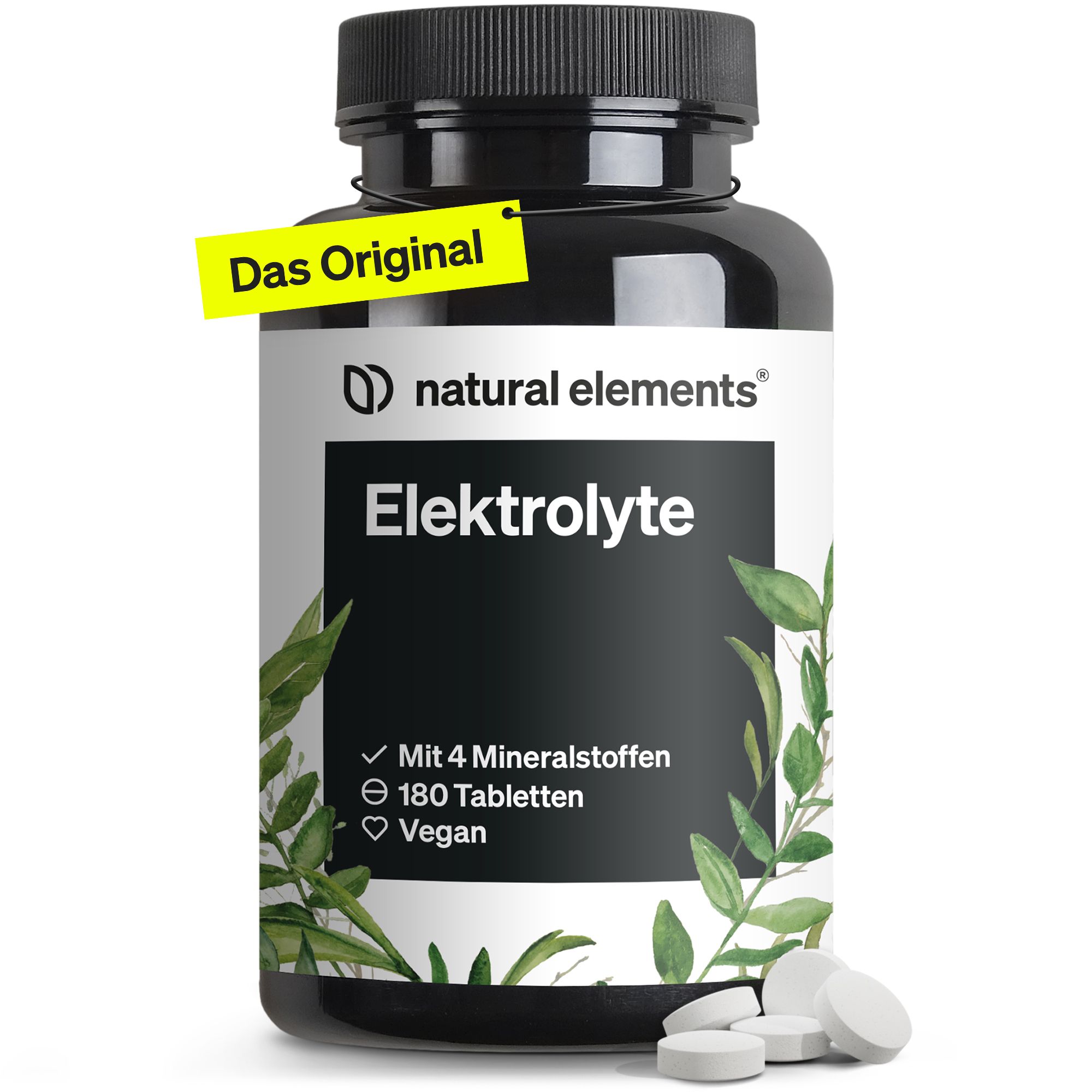 Schwarze Flasche "Elektrolyte" von Natural Elements. Enthält 180 Tabletten. Mit 4 Mineralstoffen. Vegan. Gelbes Schild: Das Original.