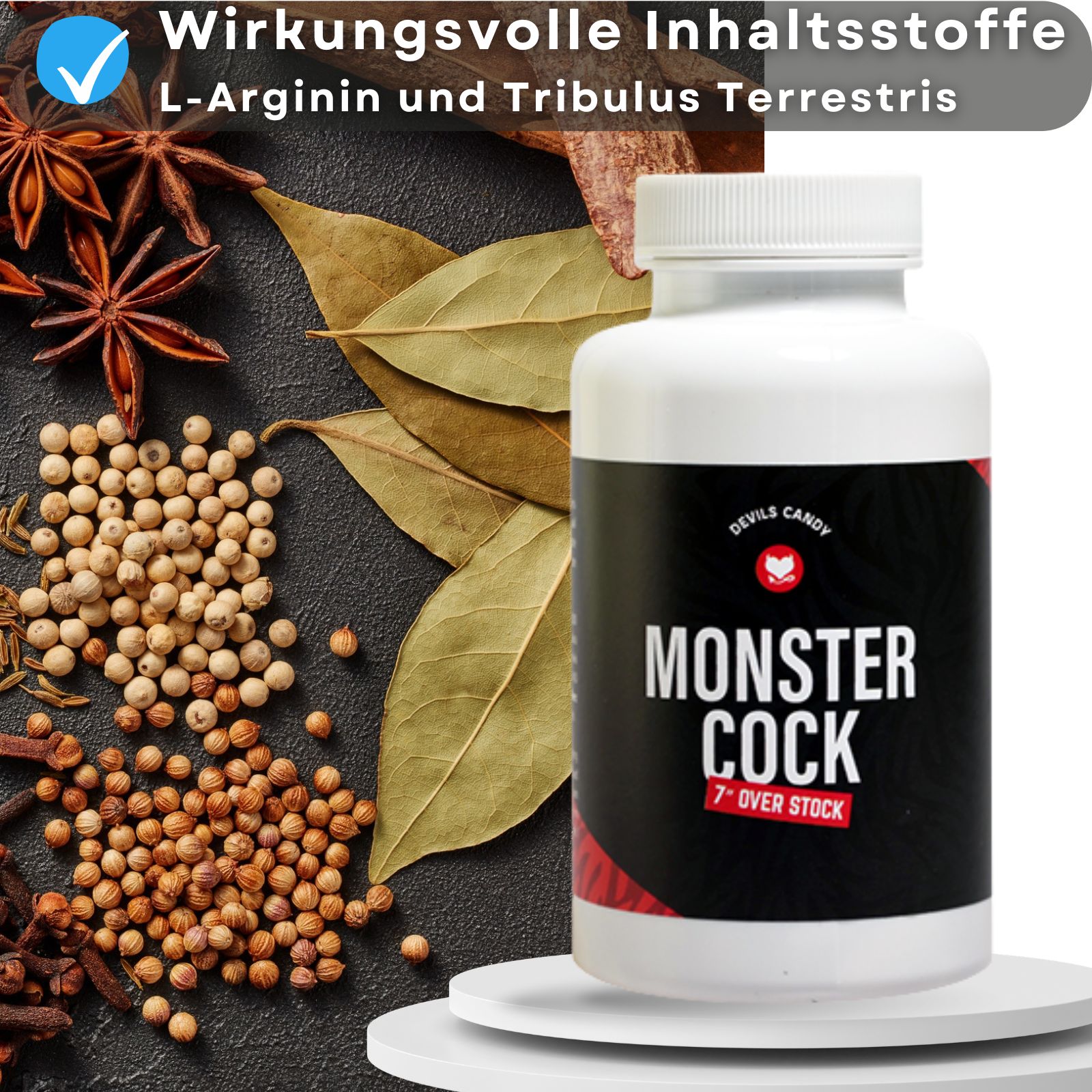 Weiße Flasche mit MONSTER COCK. Text: 7" OVER STOCK. 60 Tabs, 65.3 grams. Marke: DEVILS CANDY.