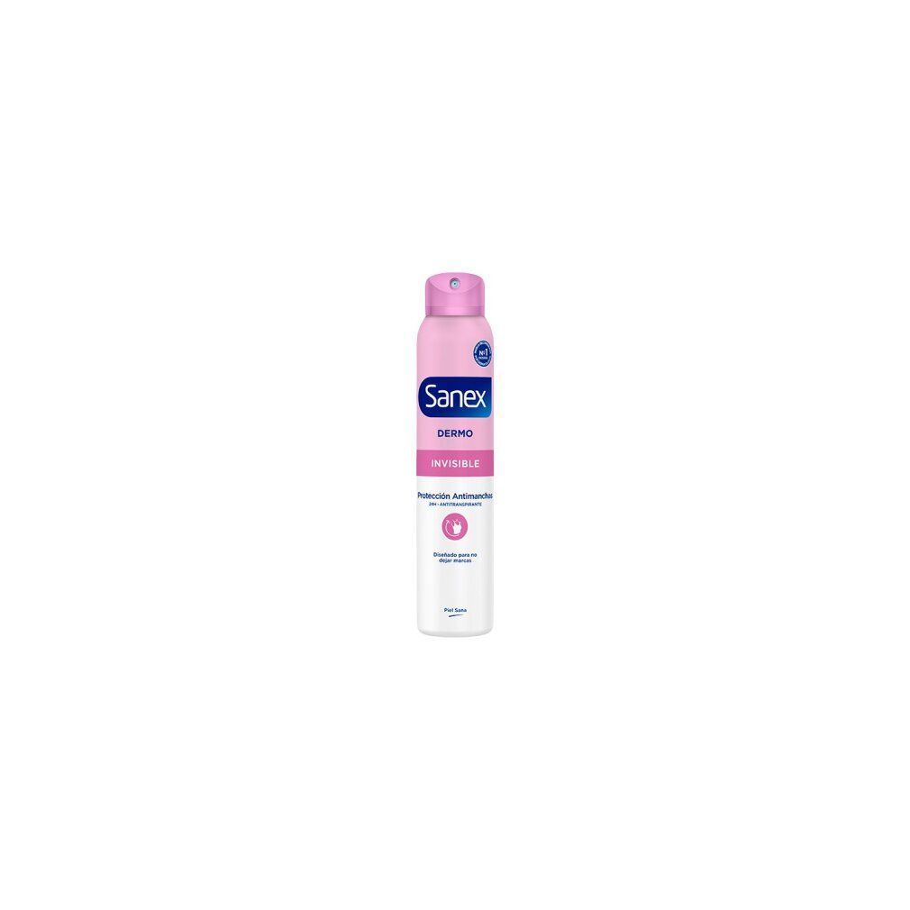Sanex Dermo Invisible Deodorant-Spray. Rosa-weißes Spray mit rosa Sprühkopf. Text: Invisible, Dermo, Sanex.