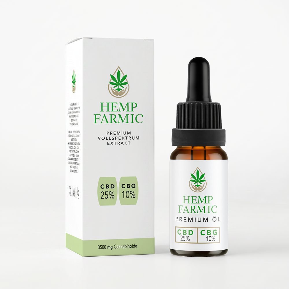 HempFarmic Vollspektrum Öl CBD 25% CBG 10%. Braune Glasflasche mit Pipette und Umverpackung.