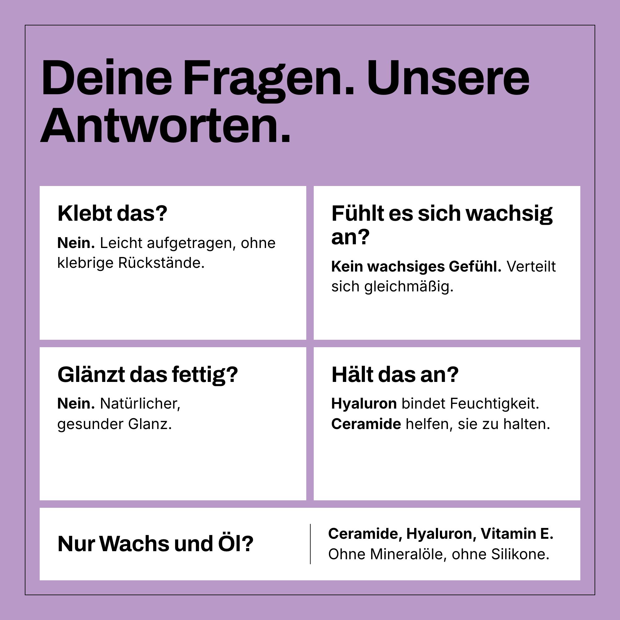 Frage-Antwort-Format über Lippenpflege: Klebt es? Fühlt es sich wachsig an? Glänzt es fettig? Hält das an?