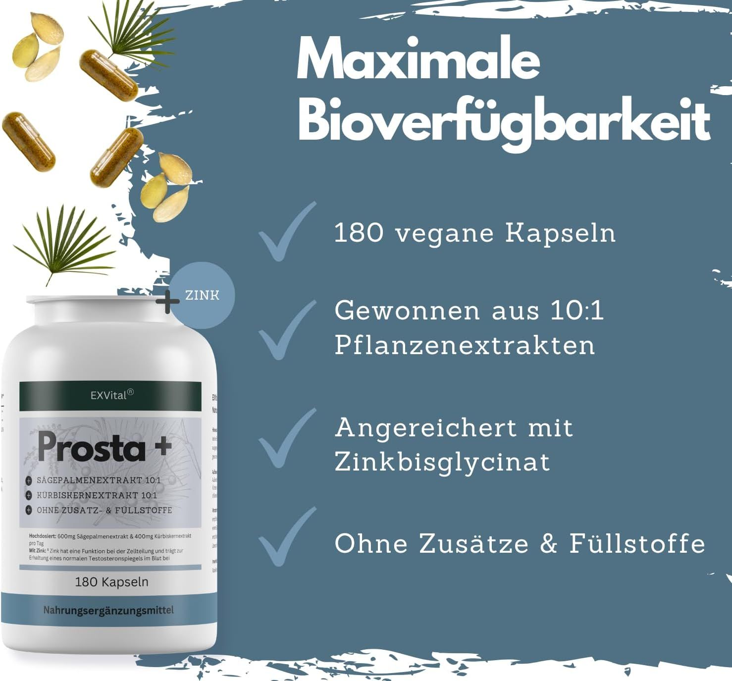 Produktabbildung mit Kapseln und Flasche. Text: Maximale Bioverfügbarkeit. 180 vegane Kapseln. Mit Zink. Ohne Zusätze.