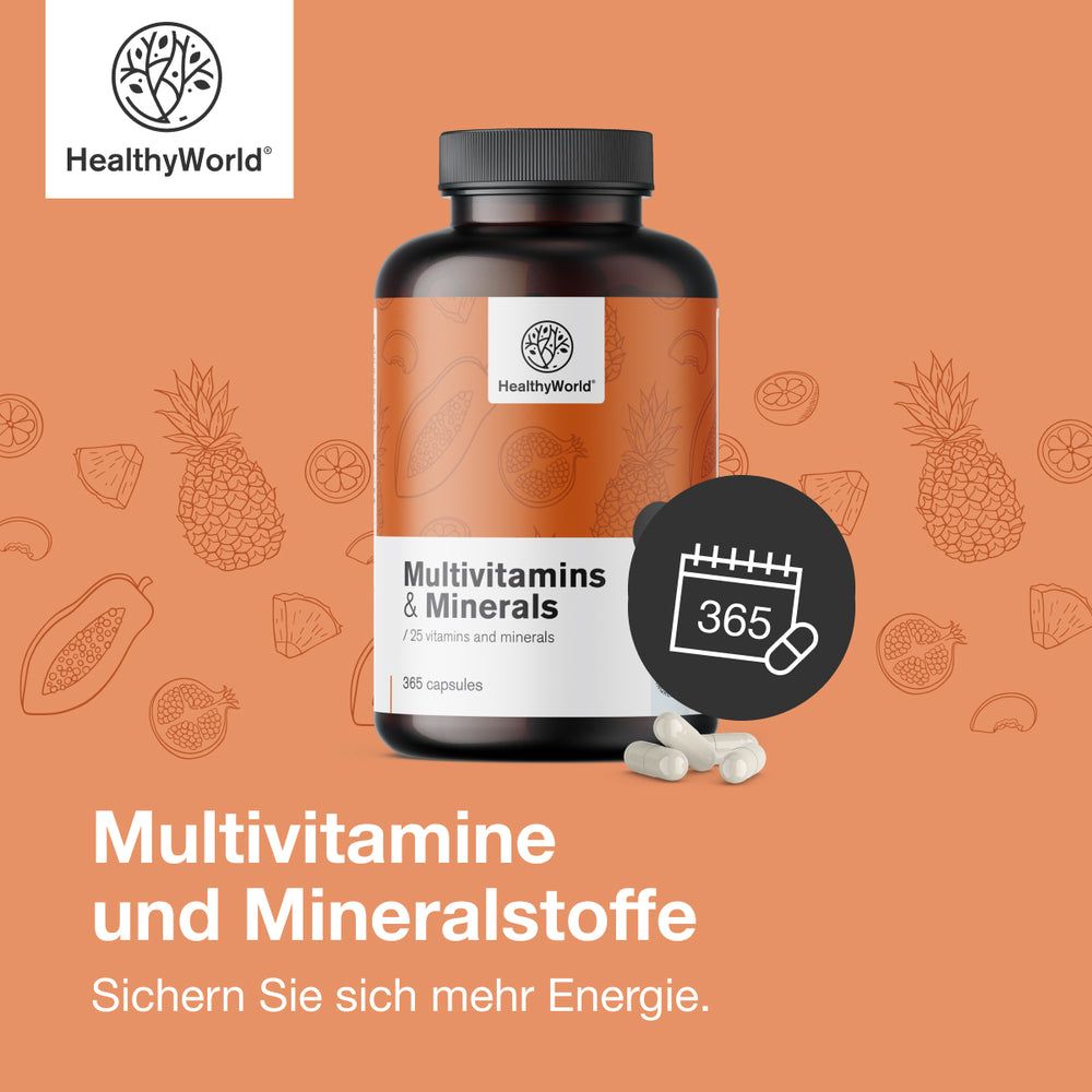Flasche mit Multivitamine & Mineralien, 365 Kapseln. Logo: HealthyWorld. Kapseln daneben. Hintergrund: Obst-Illustrationen.
