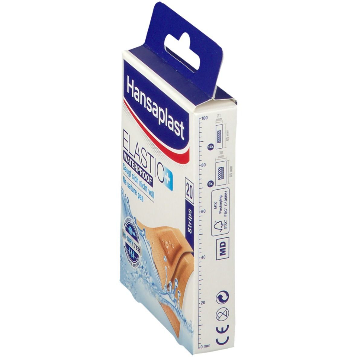 Verpackung von Hansaplast Elastic+ waterproof. Weiß-blaue Schachtel mit Produktnamen und 20 Strips. Wasserdicht, atmungsaktiv.