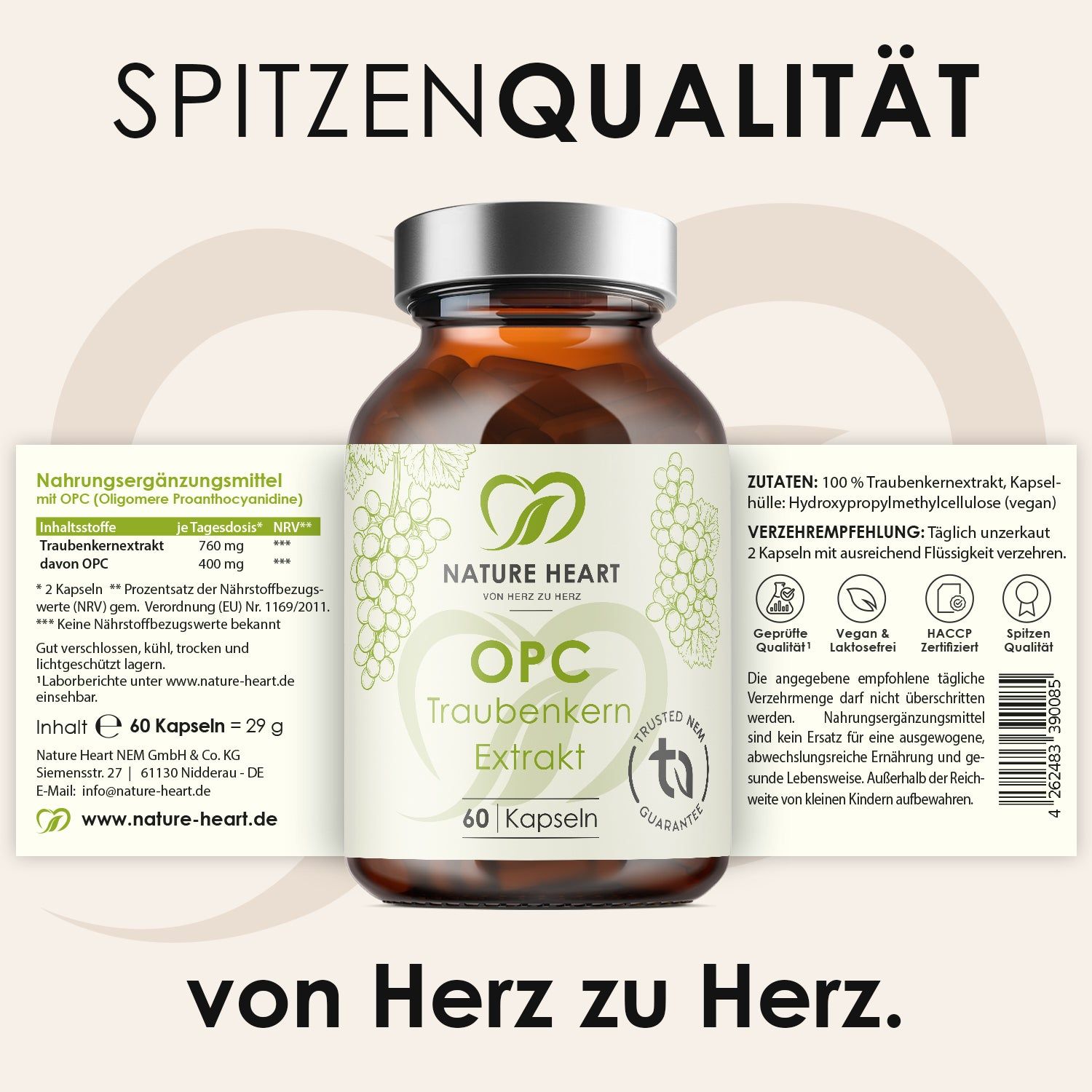 Nature Heart OPC Traubenkern Extrakt Flasche mit geöffnetem Etikett.