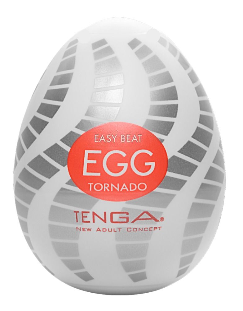 Weißes, eiförmiges Produkt mit grauem Muster und rotem Aufkleber. Text: EASY BEAT EGG TORNADO, TENGA, NEW ADULT CONCEPT.