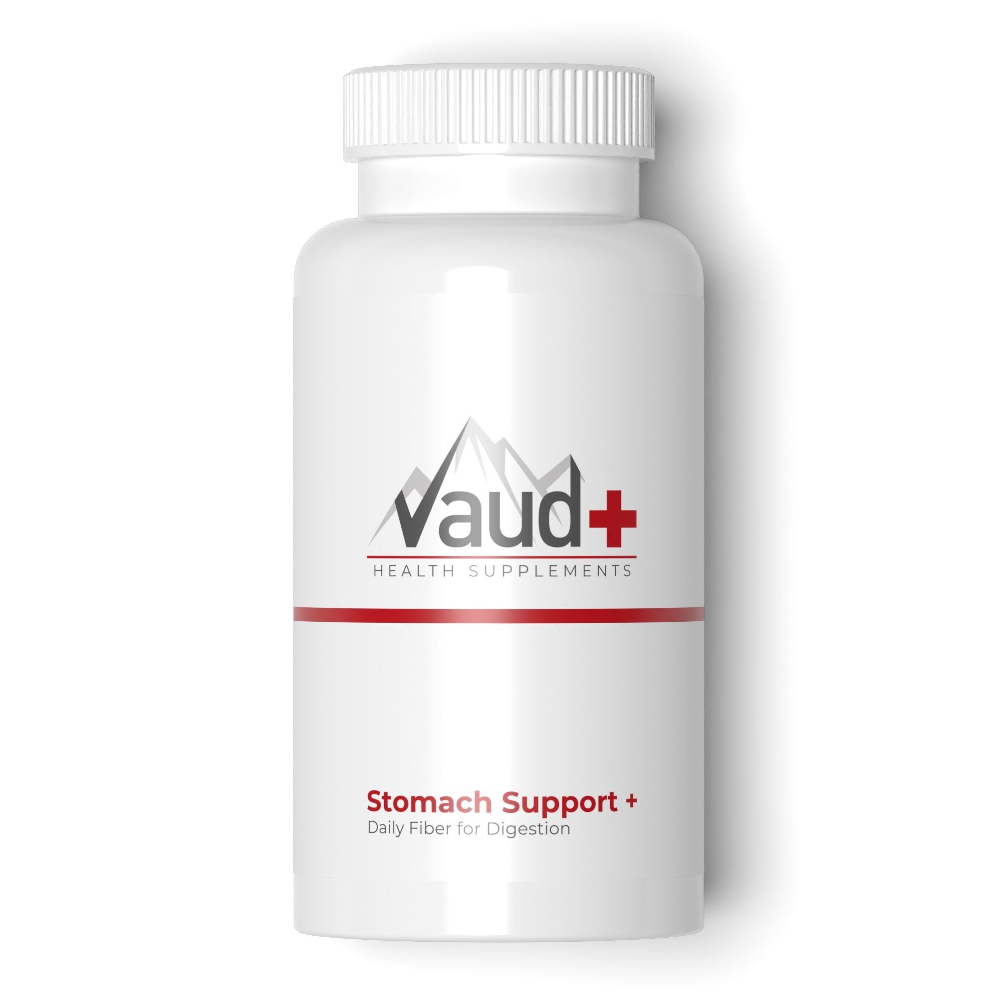 Vaud+ Stomach Support Kapselbehälter mit rotem Band und Berglogo.