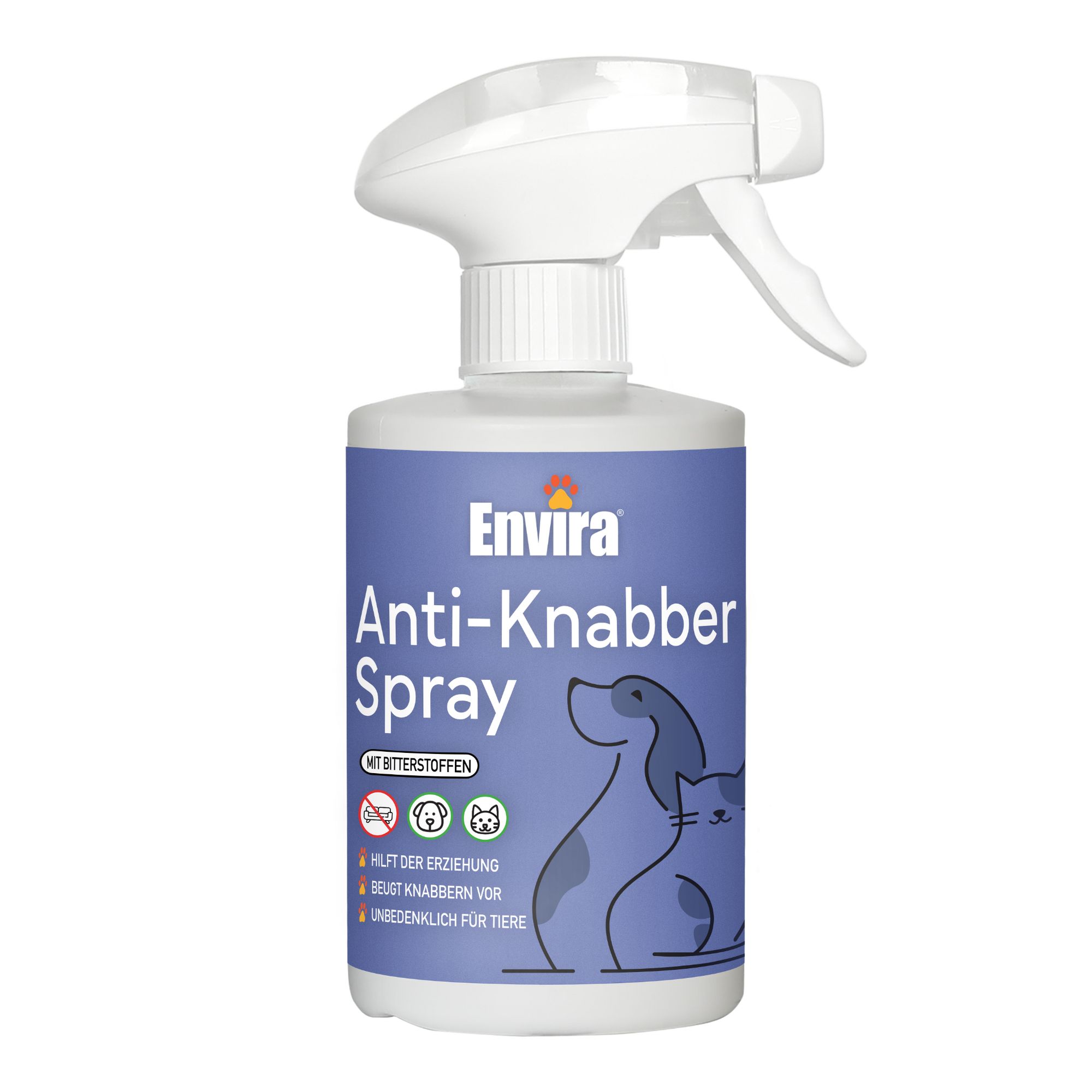 Blau-weiße Sprühflasche mit "Envira Anti-Knabber Spray"-Etikett. Enthält Bitterstoffe. Für Hunde und Katzen.