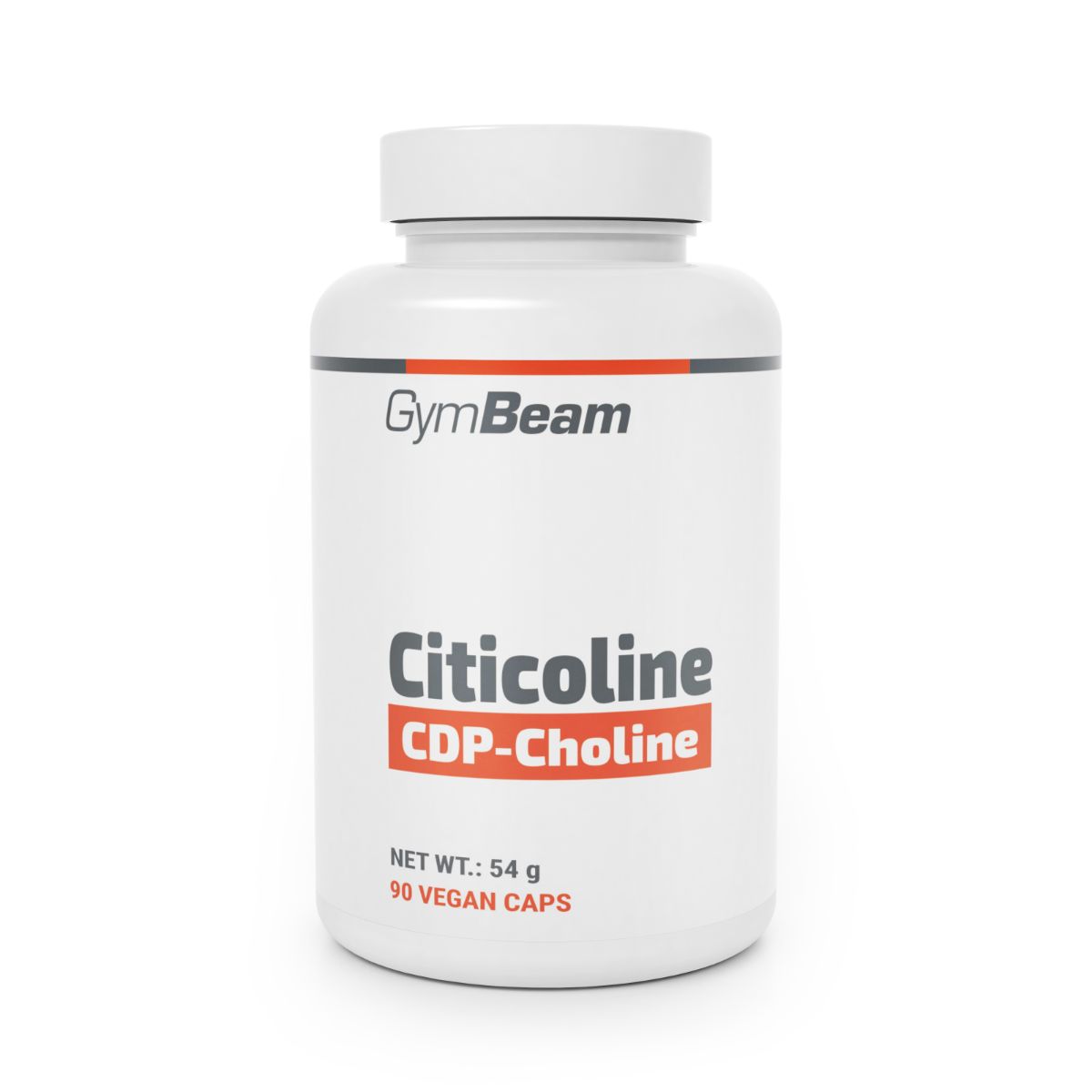 GymBeam Citicoline CDP-Choline Kapseln, weißer Behälter mit orange-grauem Etikett.