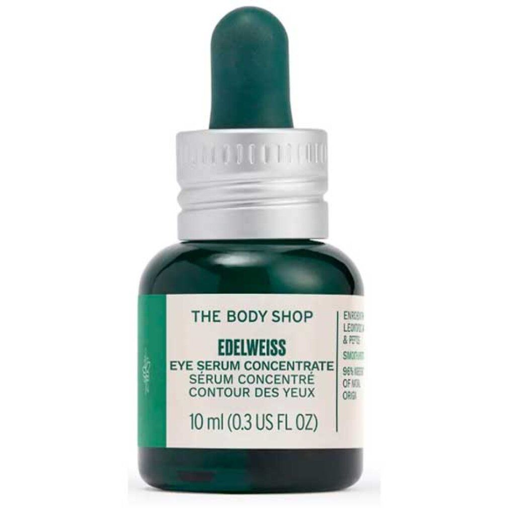 Grüne Glasflasche mit Pipette. Etikett mit Produktname, "Eye Serum Concentrate" und Volumenangabe: 10 ml.