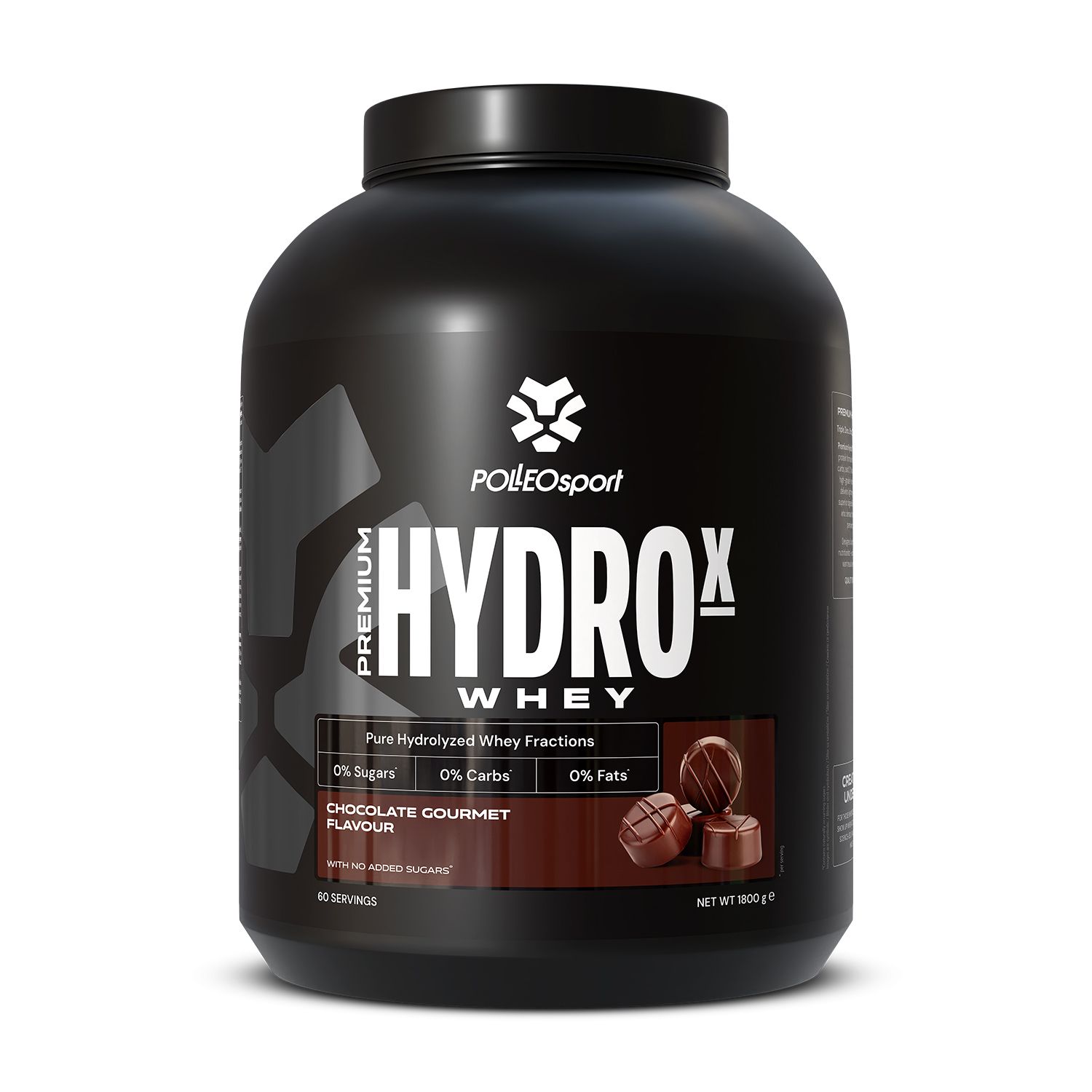 Schwarzer Behälter mit "HYDROX Whey"-Aufdruck. Abbildung von Pralinen. Text: "0% Zucker, 0% Kohlenhydrate, 0% Fett".