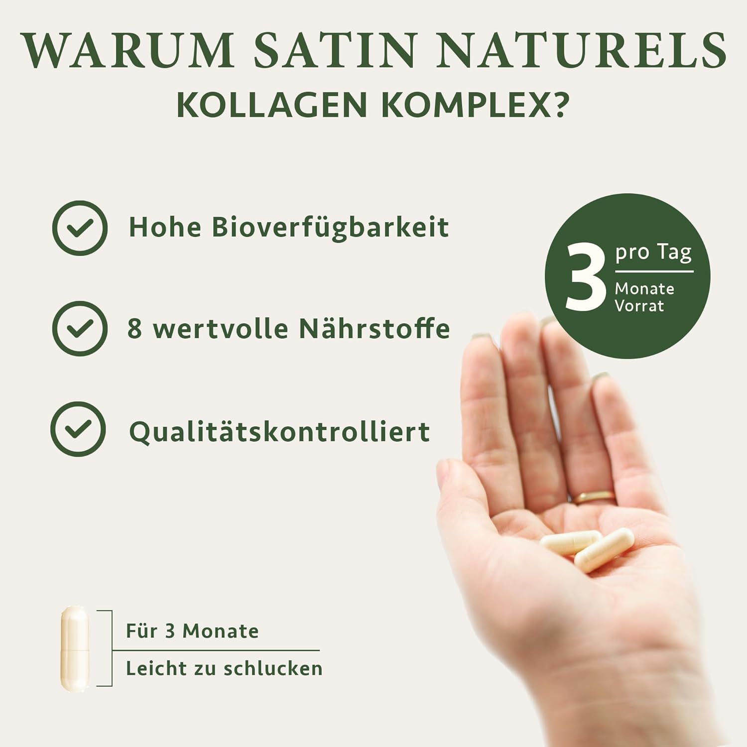 Hand mit Kapseln. Text: WARUM SATIN NATURELS KOLLAGEN KOMPLEX? 3 Monate Vorrat. Leicht zu schlucken.