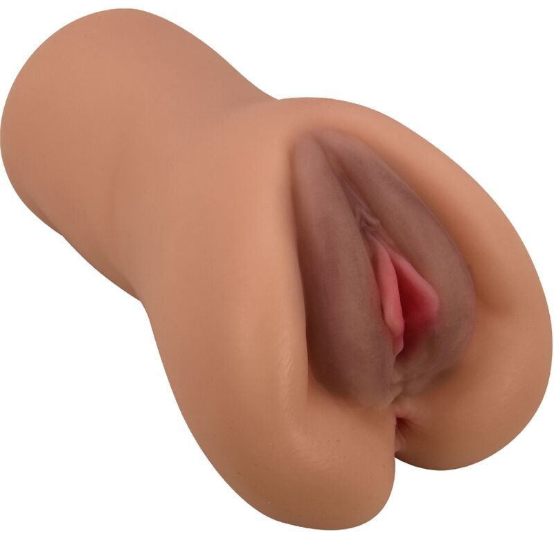 Fleischfarbenes Masturbationsgerät mit rosafarbenen Details. Geformt wie eine Vagina. Aus weichem Material.