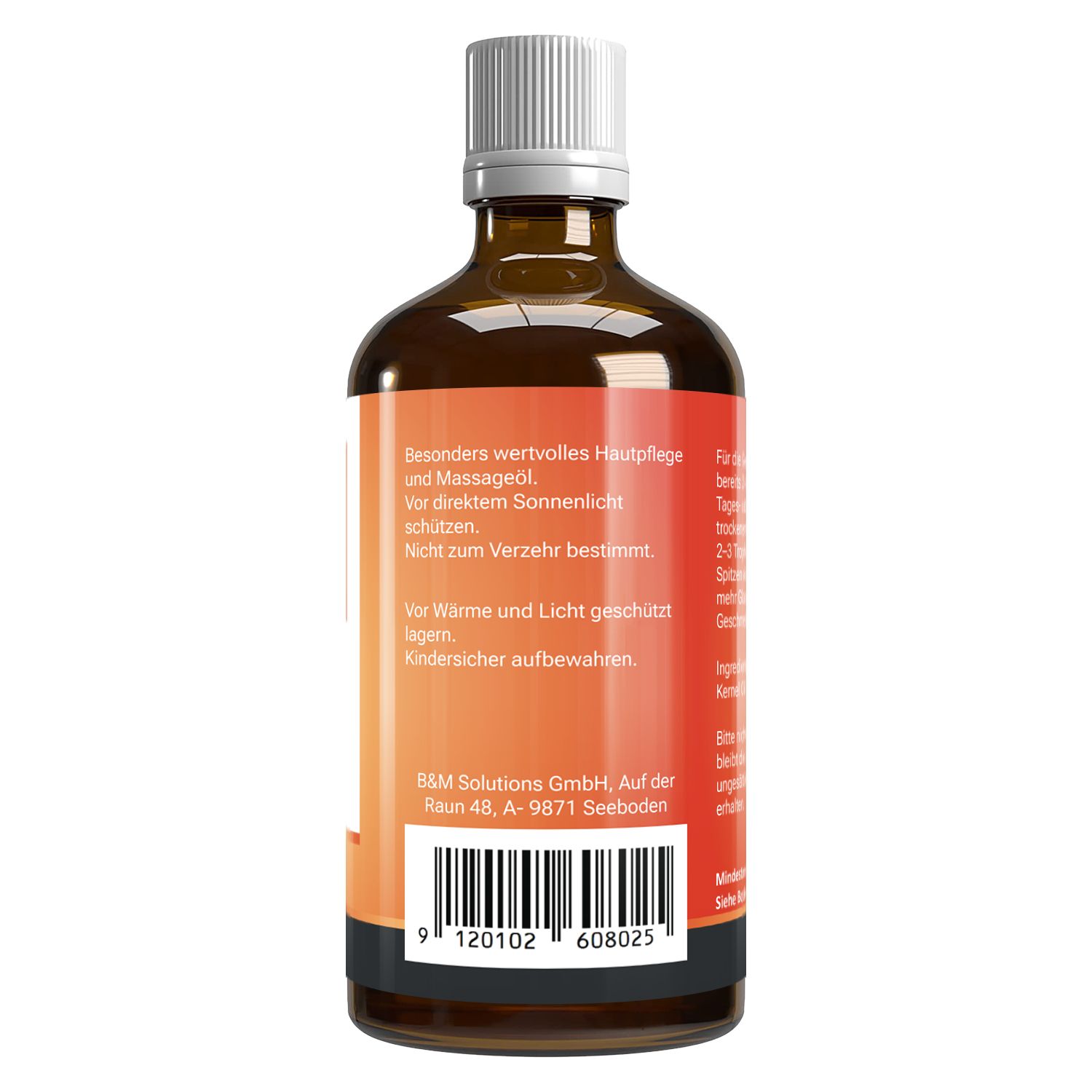 Braune Glasflasche mit weißem Deckel. Rückseite mit Text: Anwendungshinweise, Lagerung, Herstellerinformationen. Barcode unten.