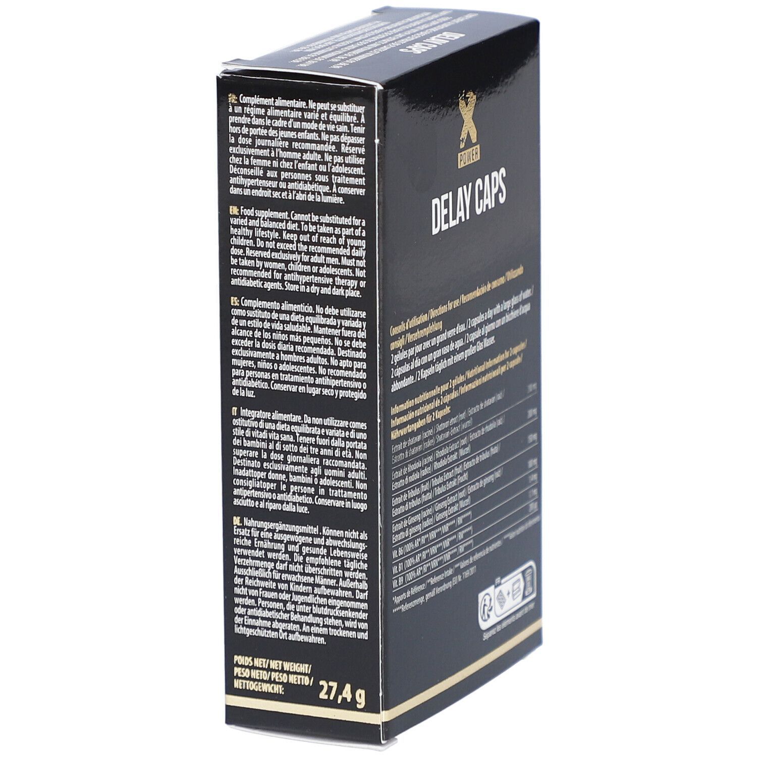 Schwarze Verpackung mit der Aufschrift "DELAY CAPS" und Nährwertangaben.