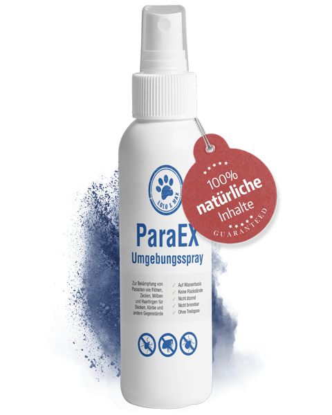 Weißes Spray mit rotem Anhänger. Text: ParaEx Umgebungsspray. 100% natürliche Inhalte garantiert.