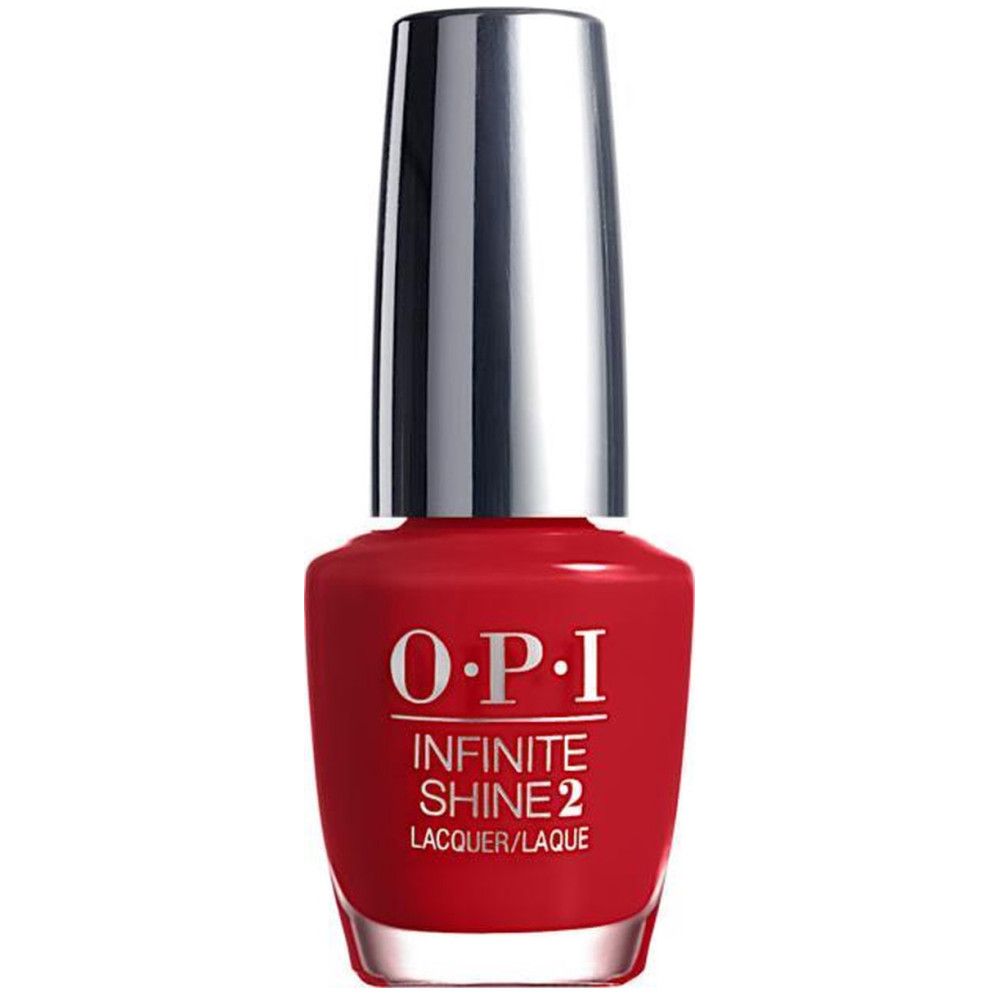Rote Nagellackflasche mit silbernem Deckel. OPI Infinite Shine 2 Label.