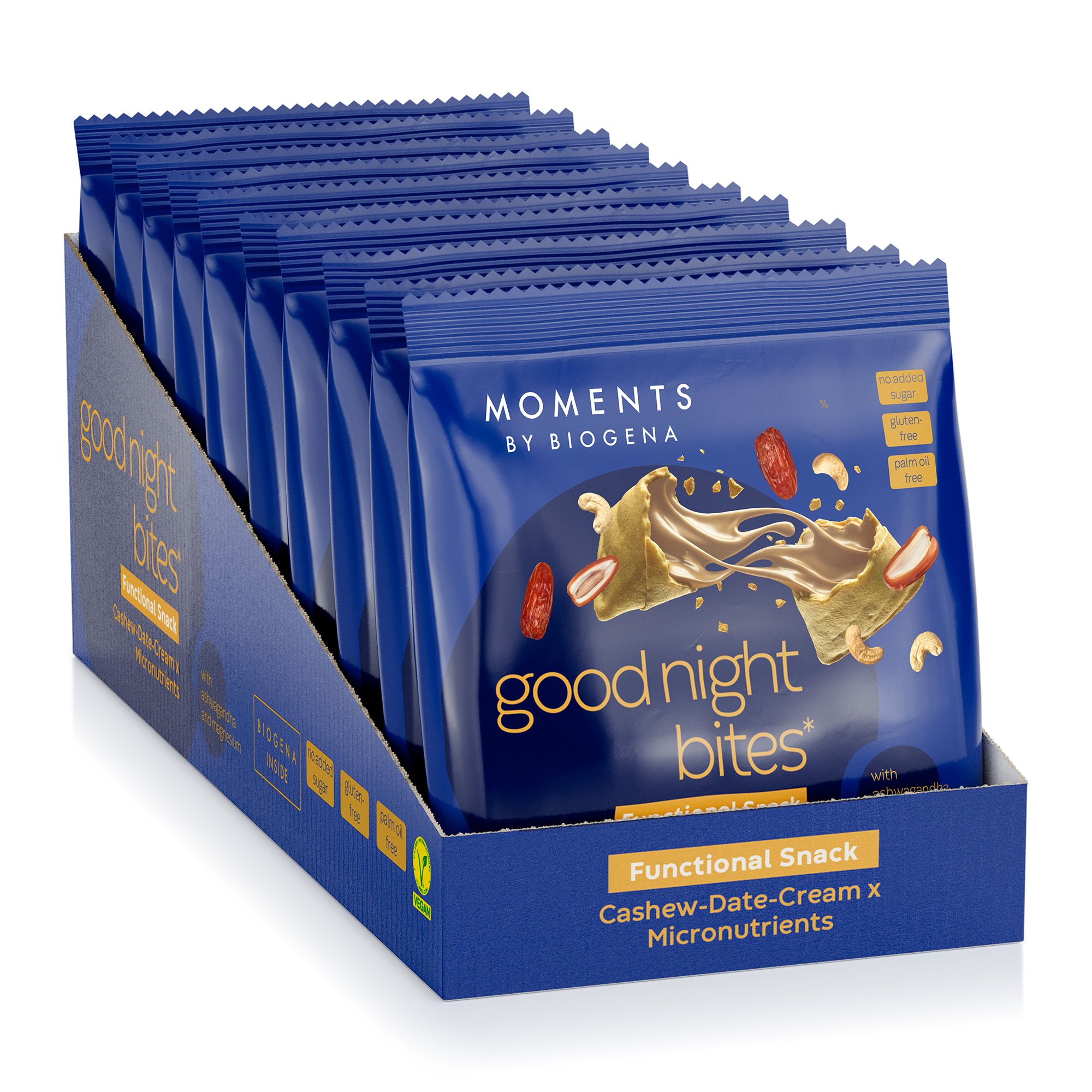 Produktverpackungen in einem blauen Display. Aufschrift: good night bites. Enthält Cashew-Dattel-Creme und Mikronährstoffe. Vegan.