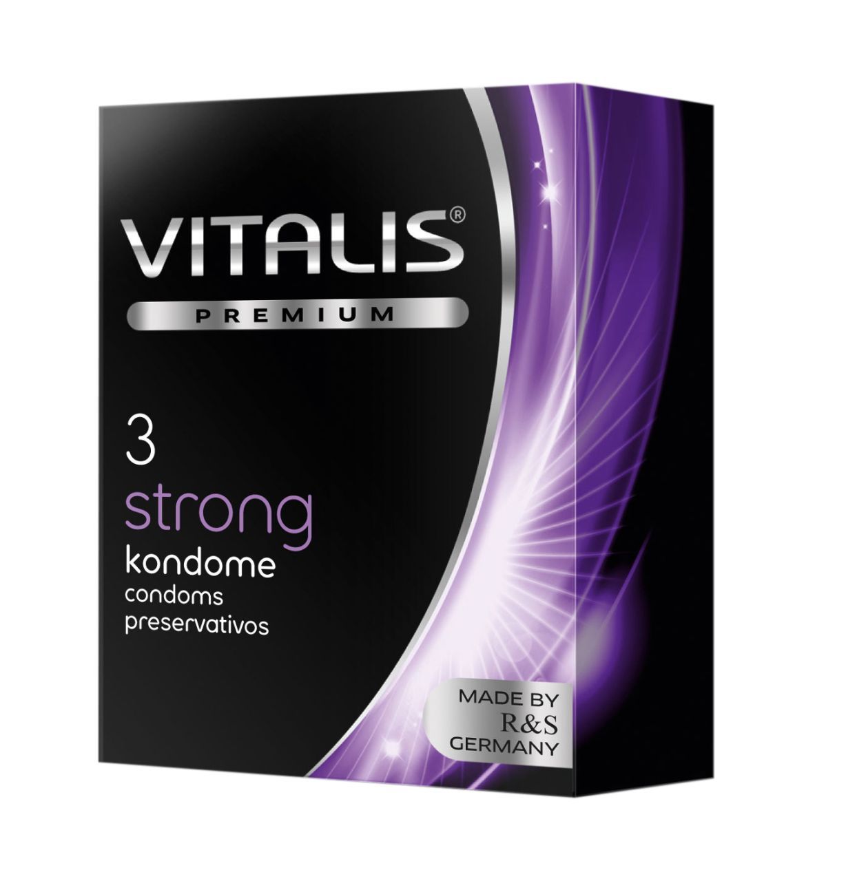 Schwarze Verpackung mit "VITALIS PREMIUM" und "3 strong". Enthält Kondome. Hergestellt in Deutschland.