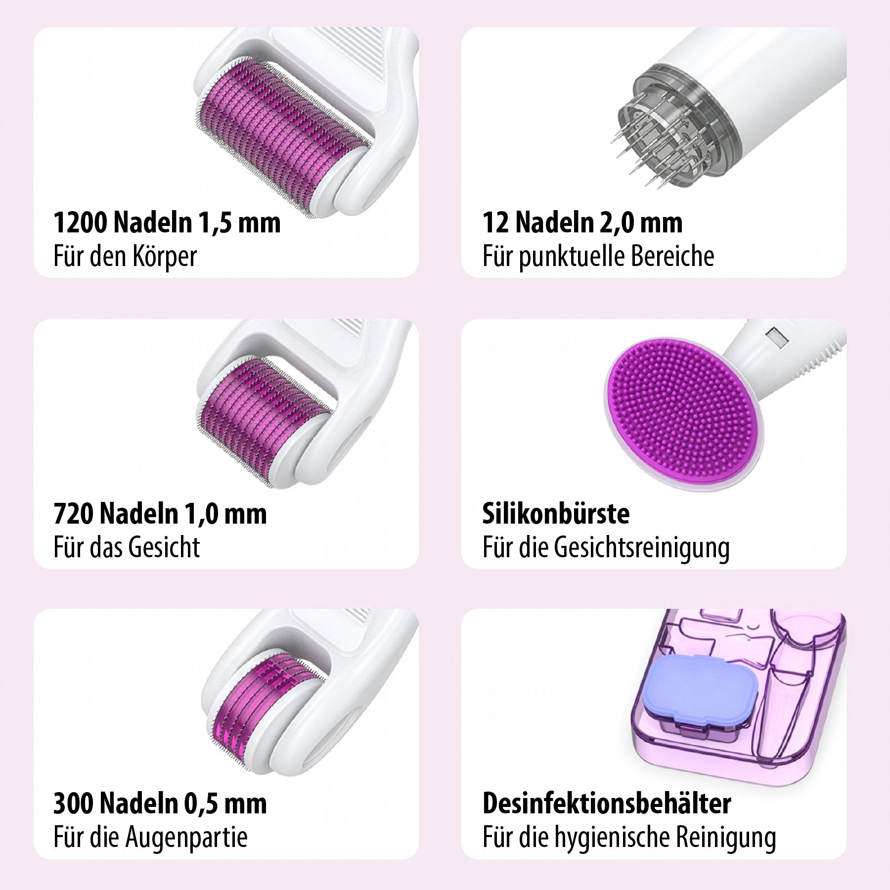 Verschiedene Dermaroller-Aufsätze mit unterschiedlichen Nadelanzahlen und -längen. Enthält auch eine Silikonbürste.