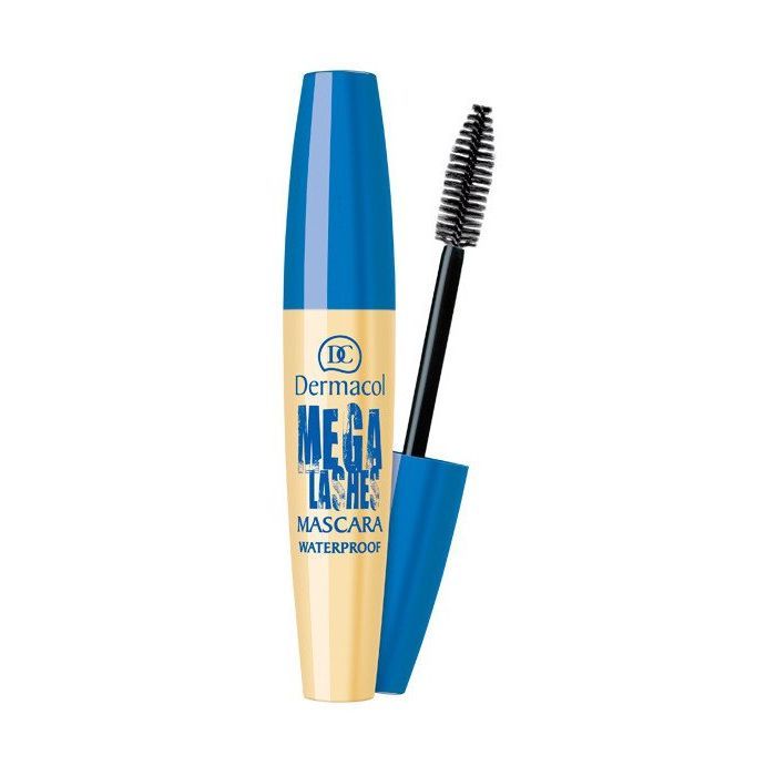 Dermacol Mega Lashes Mascara, wasserfest, in Beige und Blau.