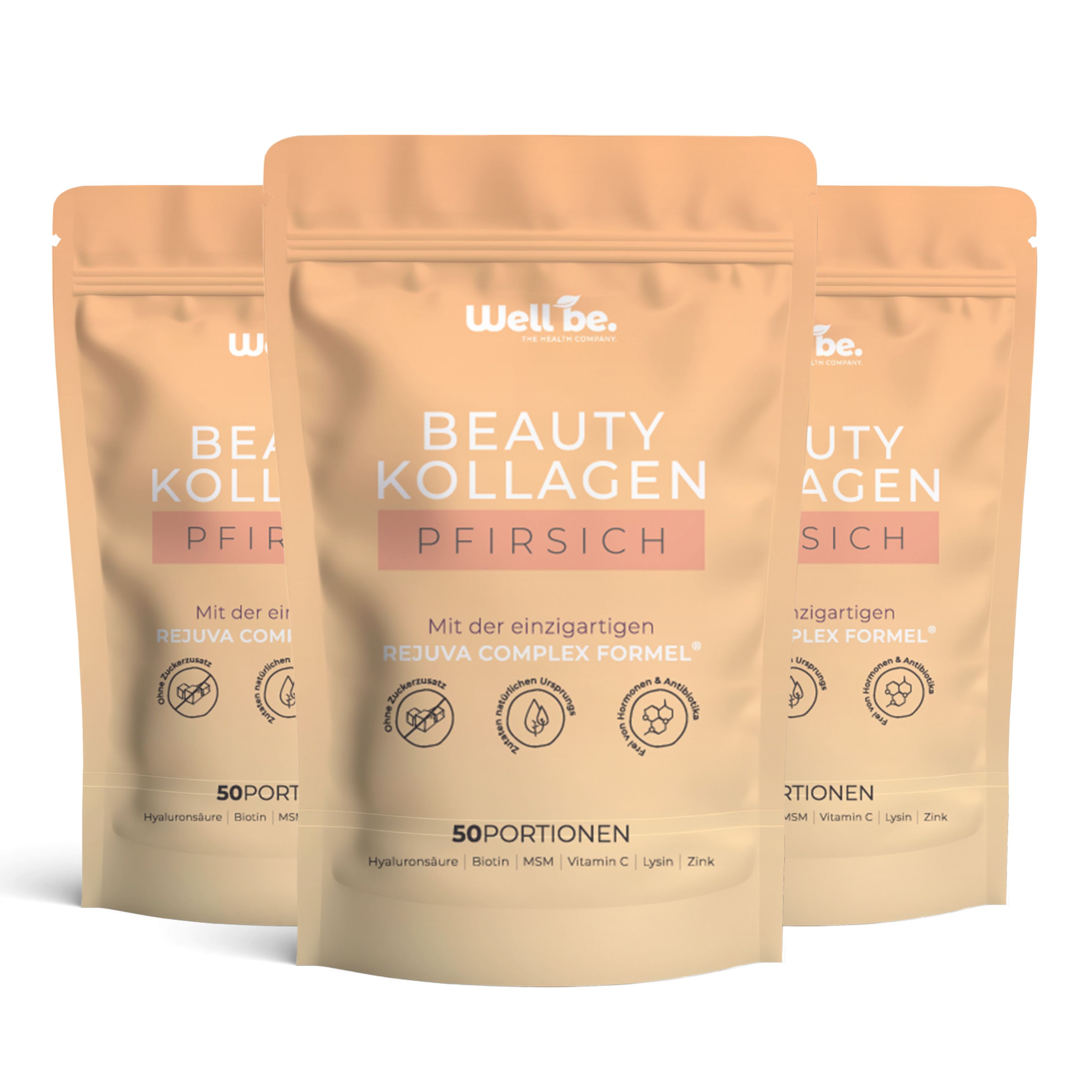 Drei Beutel Wellbe Beauty Kollagen Pfirsich mit Rejuva Complex Formel, 50 Portionen.