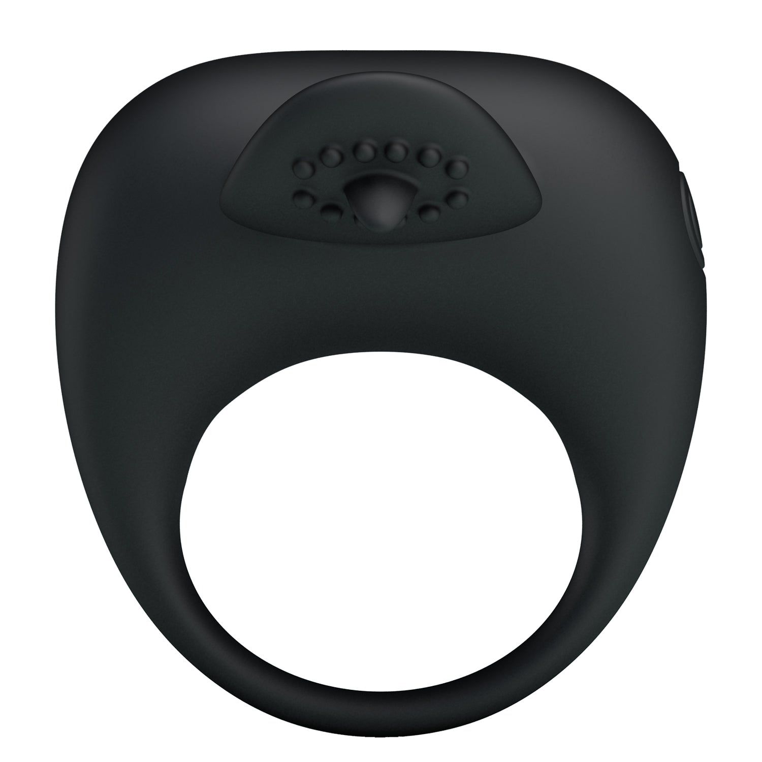 Schwarzer Ring mit erhabenem, geriffelten Element. Ringförmige Öffnung. Auf der Oberseite befinden sich Noppen.