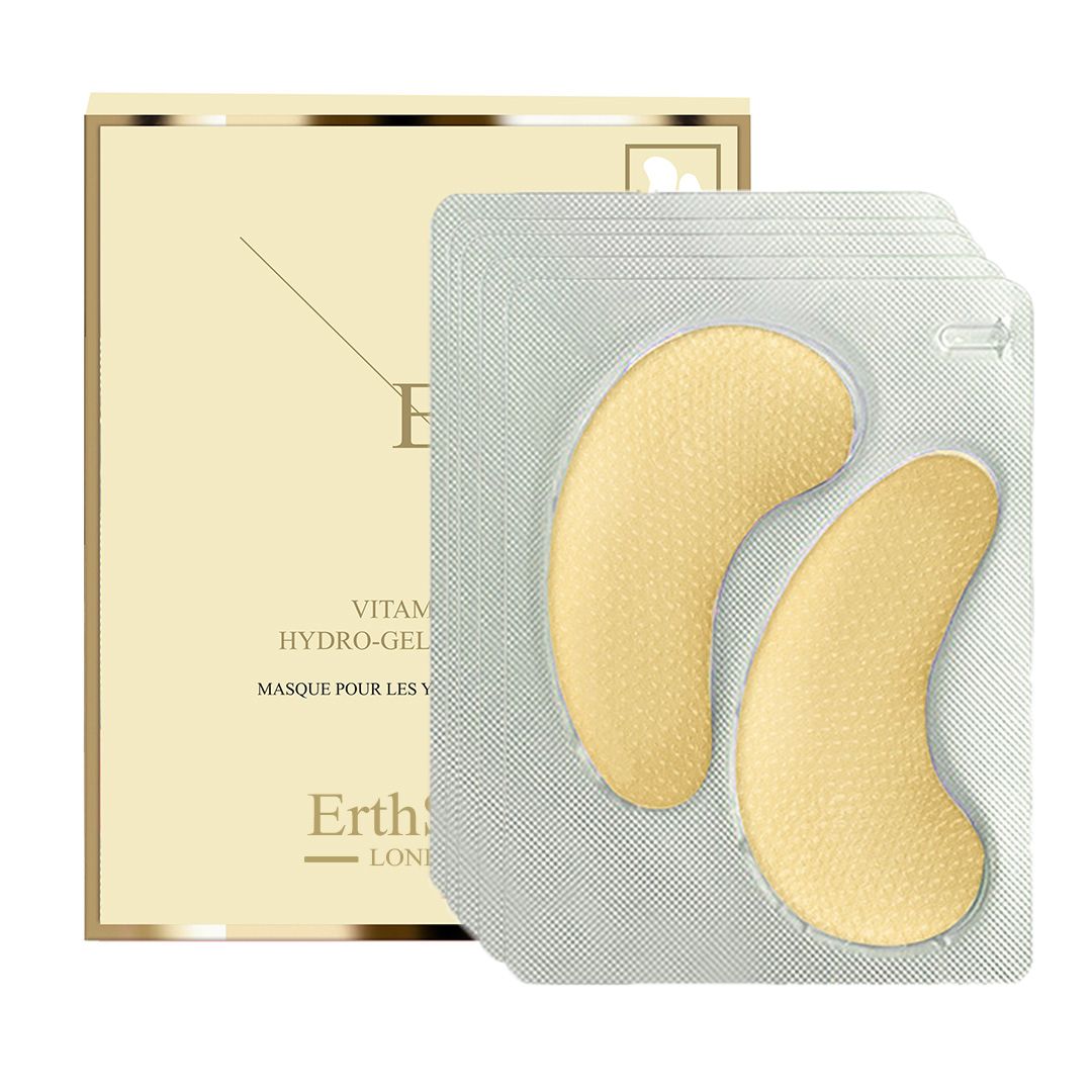 Zwei gelbe Augenpads in einer geöffneten Blisterpackung. Daneben eine Produktverpackung mit Logo und Schriftzug.