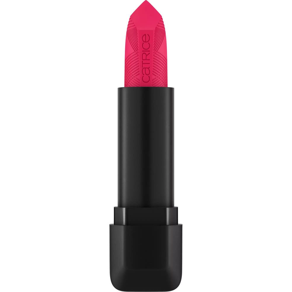 Schwarzer Lippenstift-Hülle mit pinkfarbenem Lippenstift. Der Lippenstift ist ausgefahren und zeigt eine strukturierte Oberfläche.